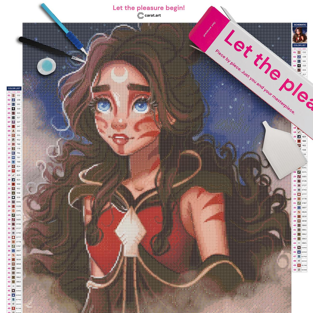 Diamond Painting Set mit mystischem Mädchen im roten Kleid und sternenreicher Nachtszene inklusive Leinwand, cearat.com Karton und hochwertigem Zubehör