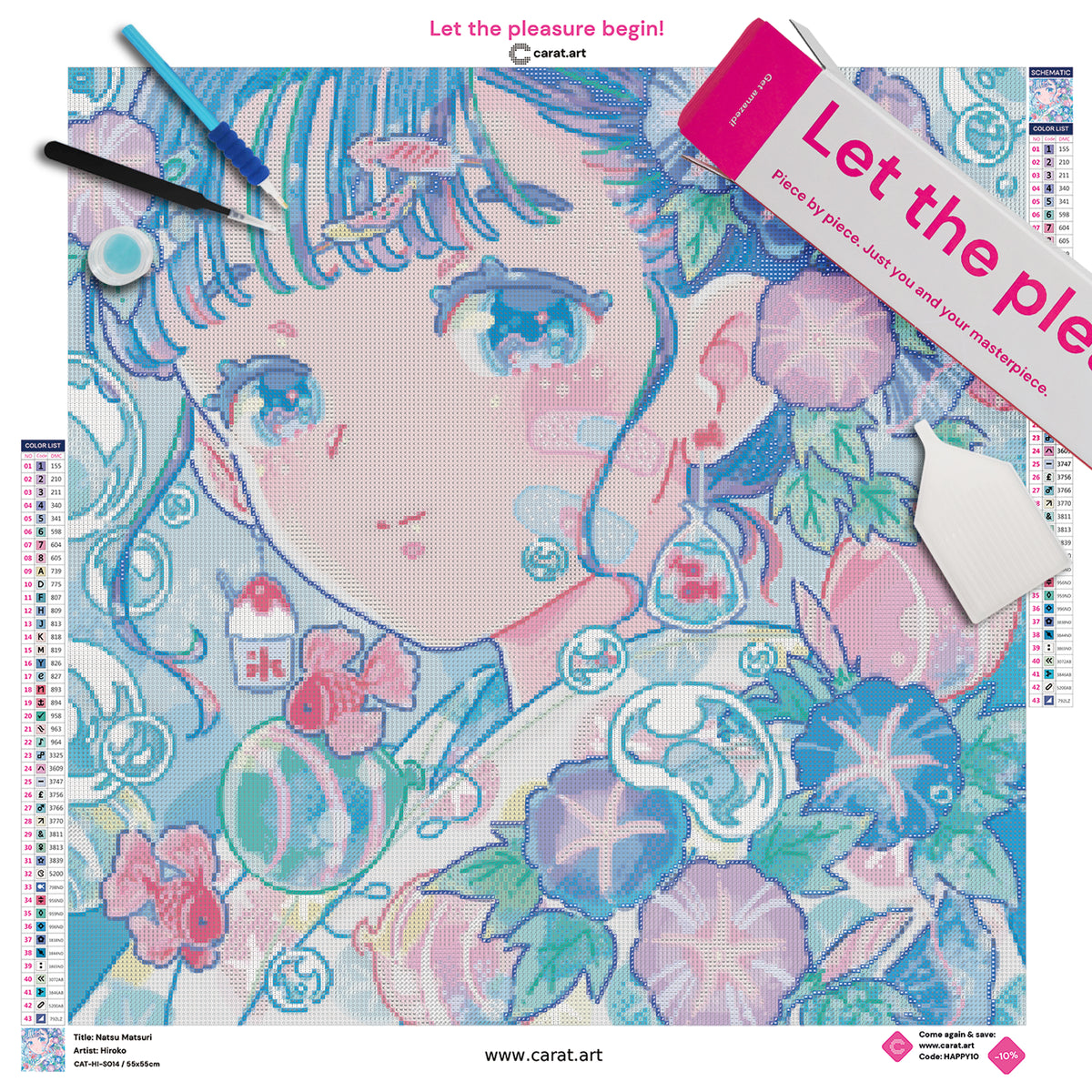 Premium Diamond Painting Set mit Mädchenportrait, farbenfrohen Blüten und Goldfischen im japanisch inspirierten Natsu-Matsuri-Stil inklusive Leinwand, Diamond Painting Zubehör und cearat.com Box