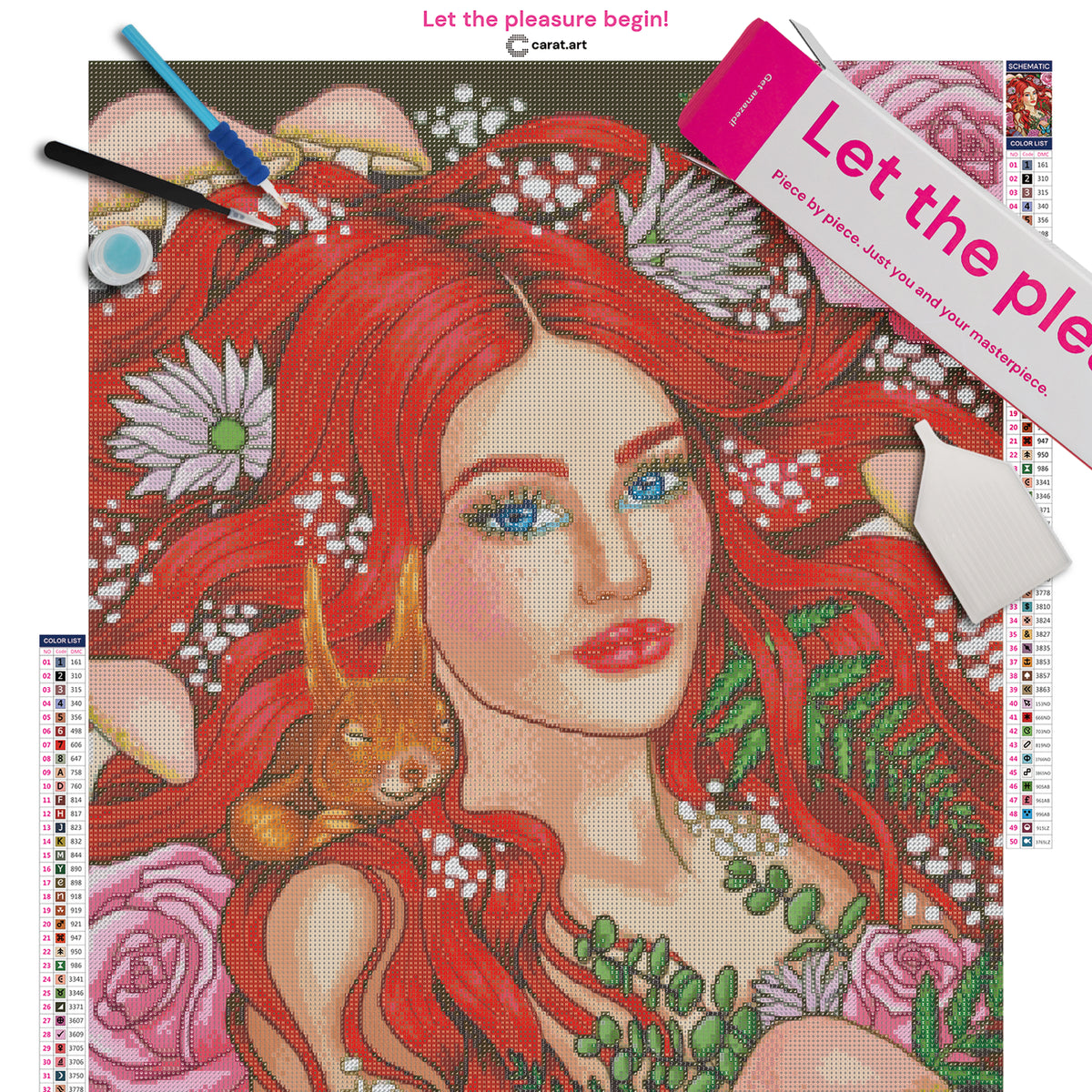 Premium Diamond Painting Set mit rothaarigem Mädchen, Blumen, Pilzen, blauem Schmetterling und kleinem Eichhörnchen im verwunschenen Wald inklusive Leinwand, Diamond Painting Zubehör und cearat.com Box