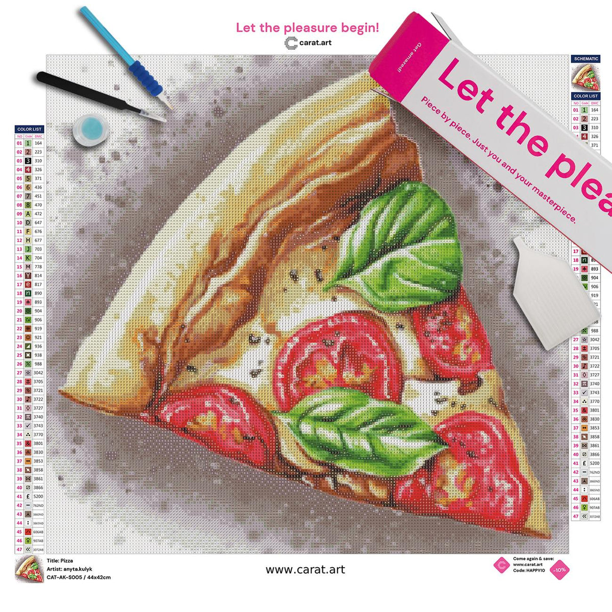 Diamond Painting Set mit appetitlichem Pizzamotiv, saftigen Tomaten und Basilikum inklusive Leinwand, cearat.com Karton und hochwertigem Zubehör