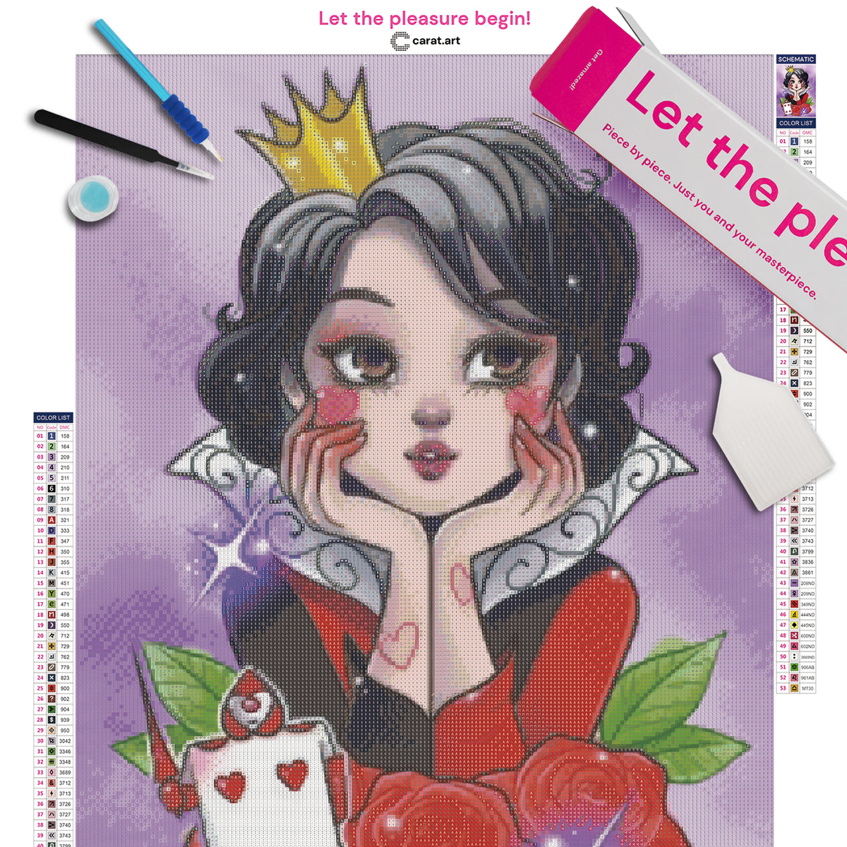 Diamond Painting Set mit Herzkönigin aus dem Wunderland, kleiner Krone, Spielkarten-Soldat und roten Rosen inklusive Leinwand, cearat.com Karton und hochwertigem Zubehör