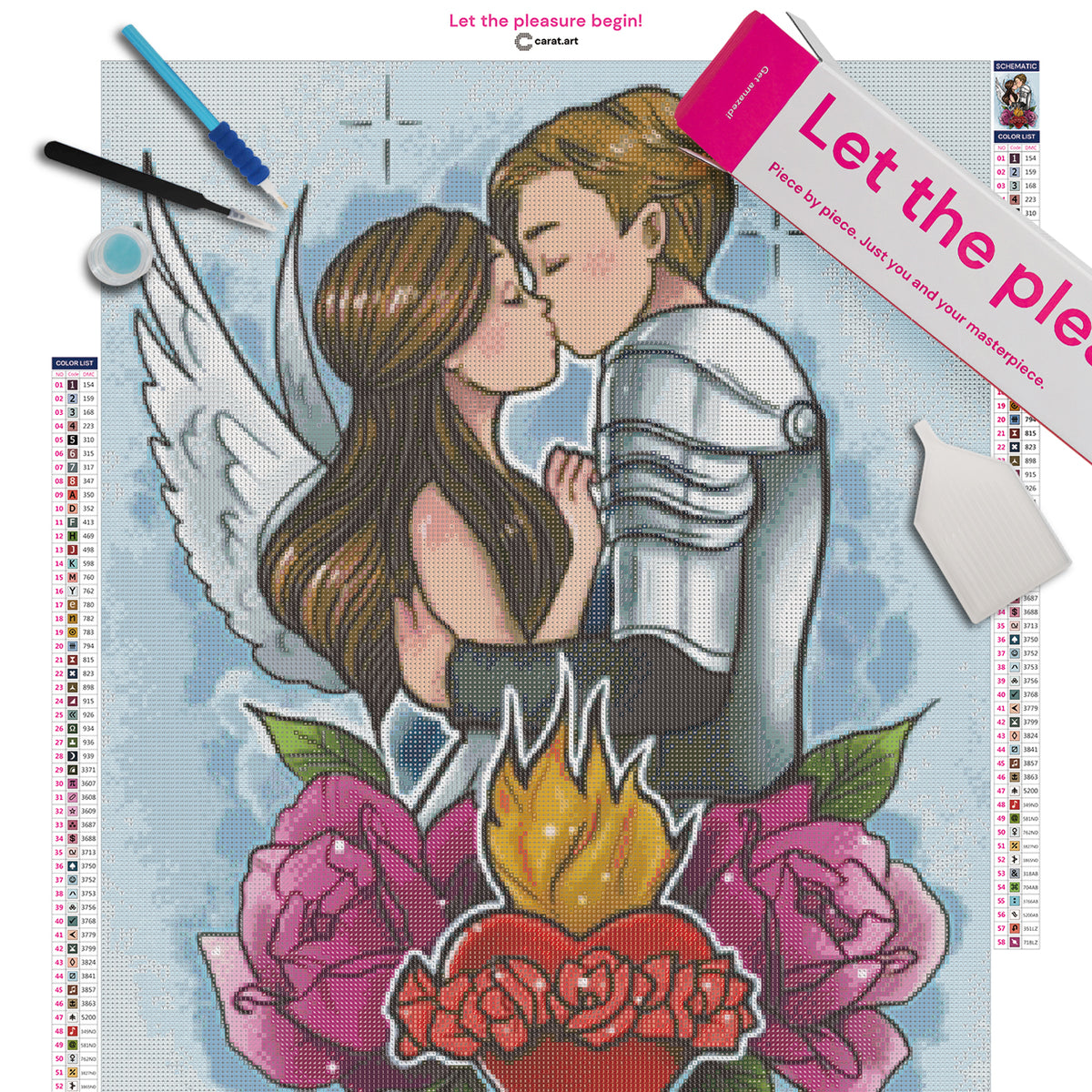 Diamond Painting Set Romeo und Julia mit Rosen und Herzmotiv inklusive Leinwand, cearat.com Karton und hochwertigem Zubehör