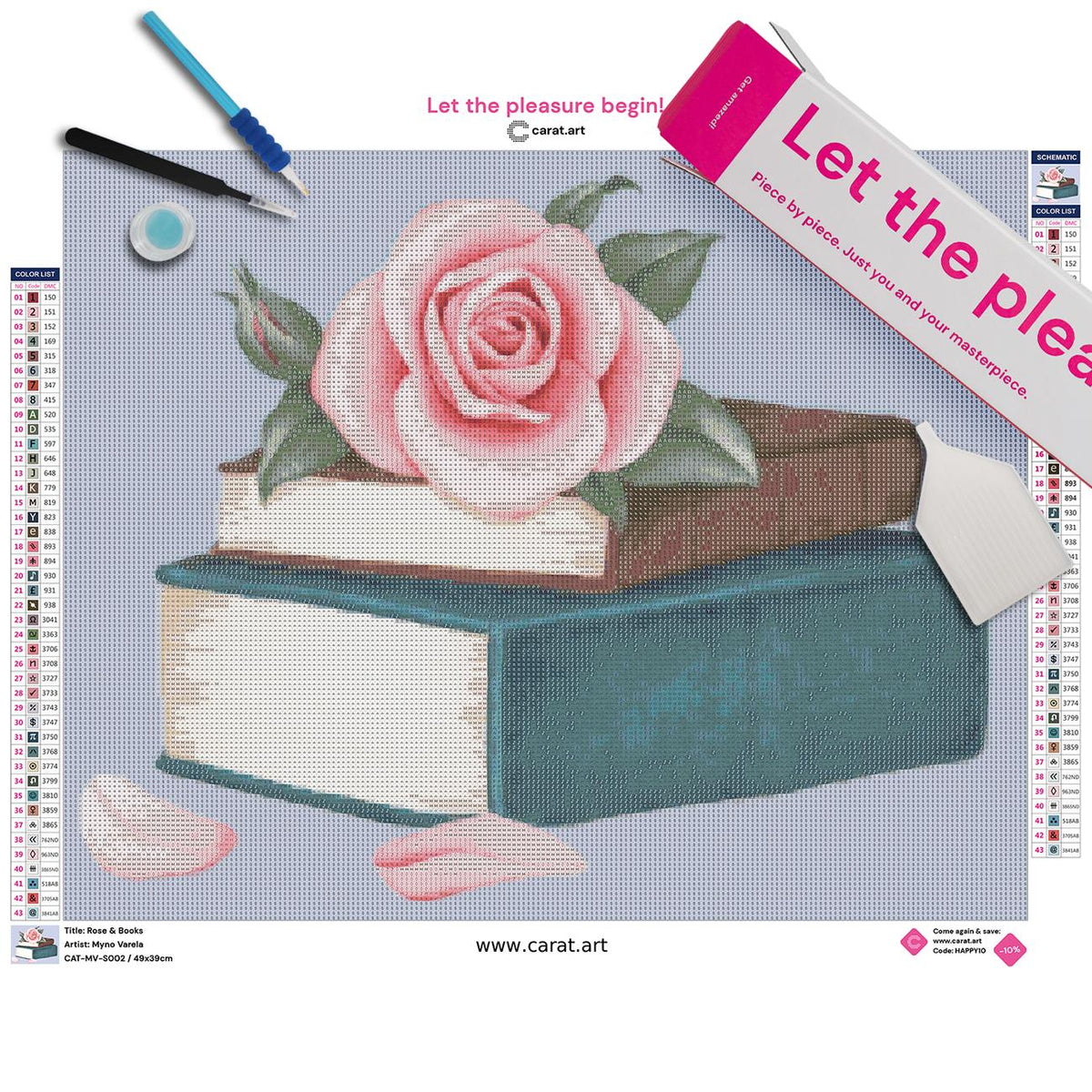 Diamond Painting Set mit Rose und nostalgischem Bücher Motiv inklusive Leinwand, cearat.com Karton und hochwertigem Zubehör