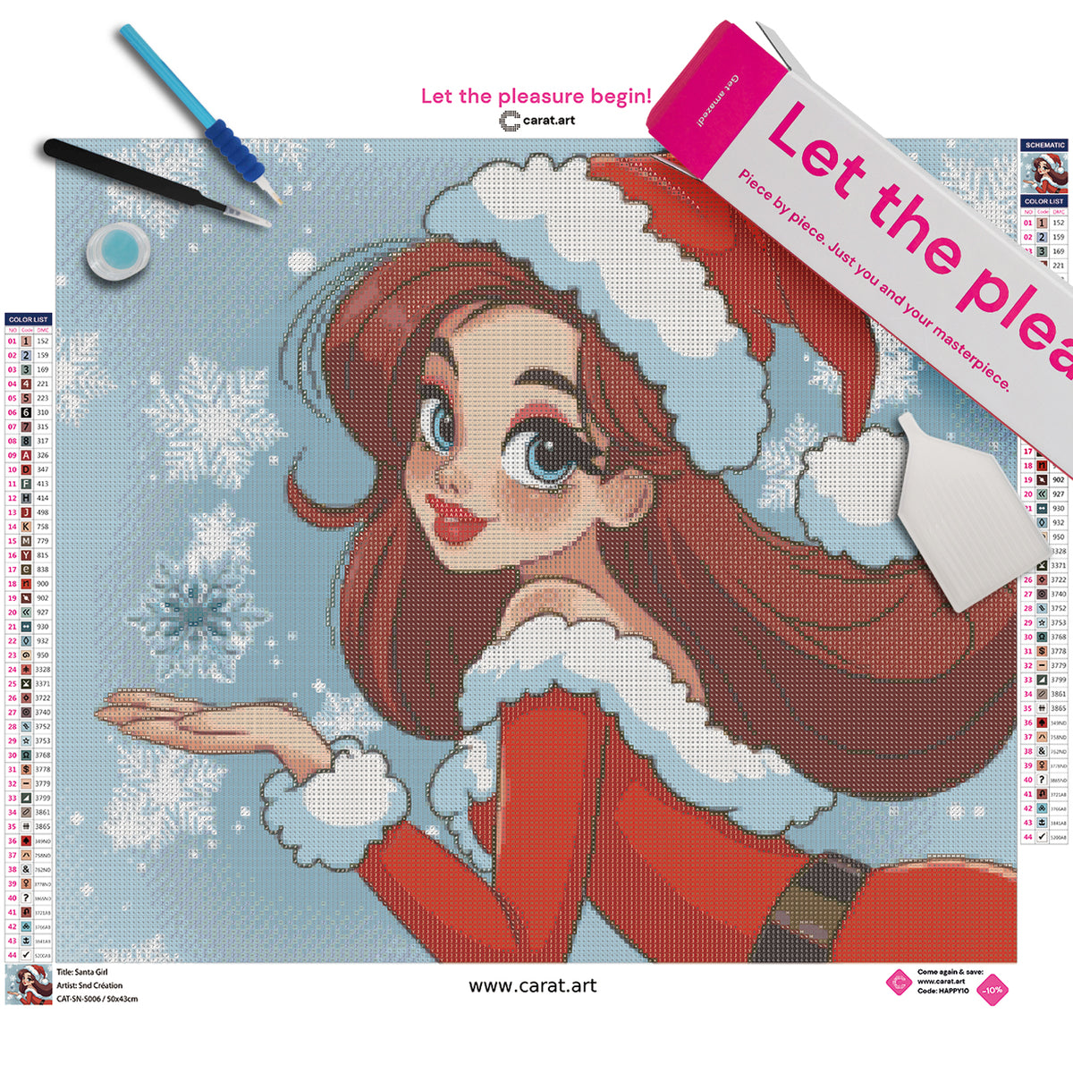 Diamond Painting Set mit Weihnachtsmädchen Motiv, Schneekristallen und Winterdesign inklusive Leinwand, cearat.com Karton und Zubehör