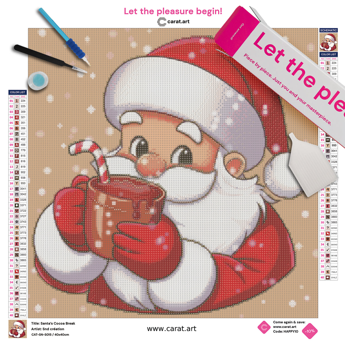 Diamond Painting Set mit niedlichem Weihnachtsmann, der einen Schluck aus einer Tasse heißer Schokolade mit Zuckerstange trinkt, umgeben von Schneeflocken inklusive Leinwand, cearat.com Karton und hochwertigem Zubehör