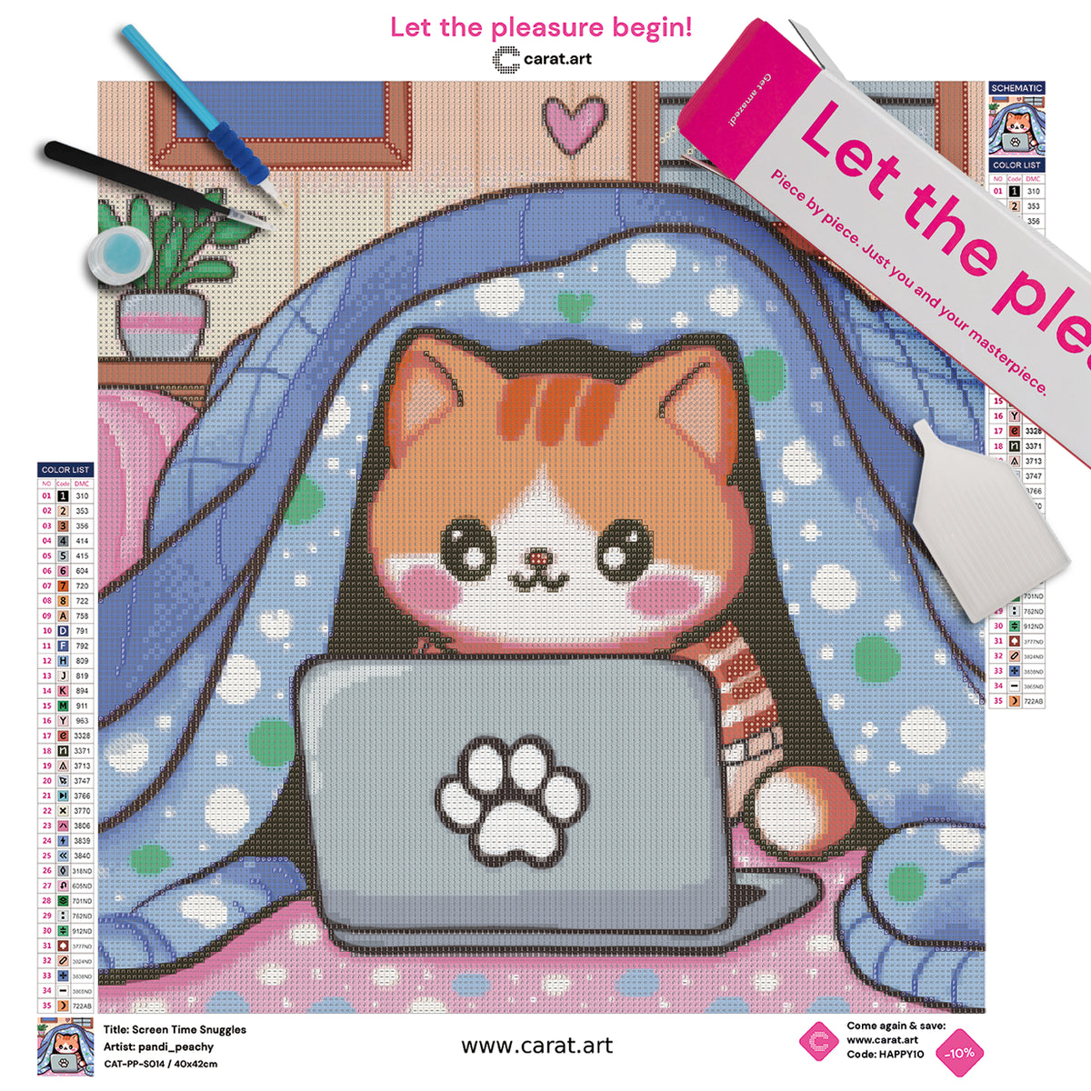 Diamond Painting Set mit getigertem Kätzchen unter einer gepunkteten Decke und Laptop inklusive Leinwand, cearat.com Karton und hochwertigem Zubehör