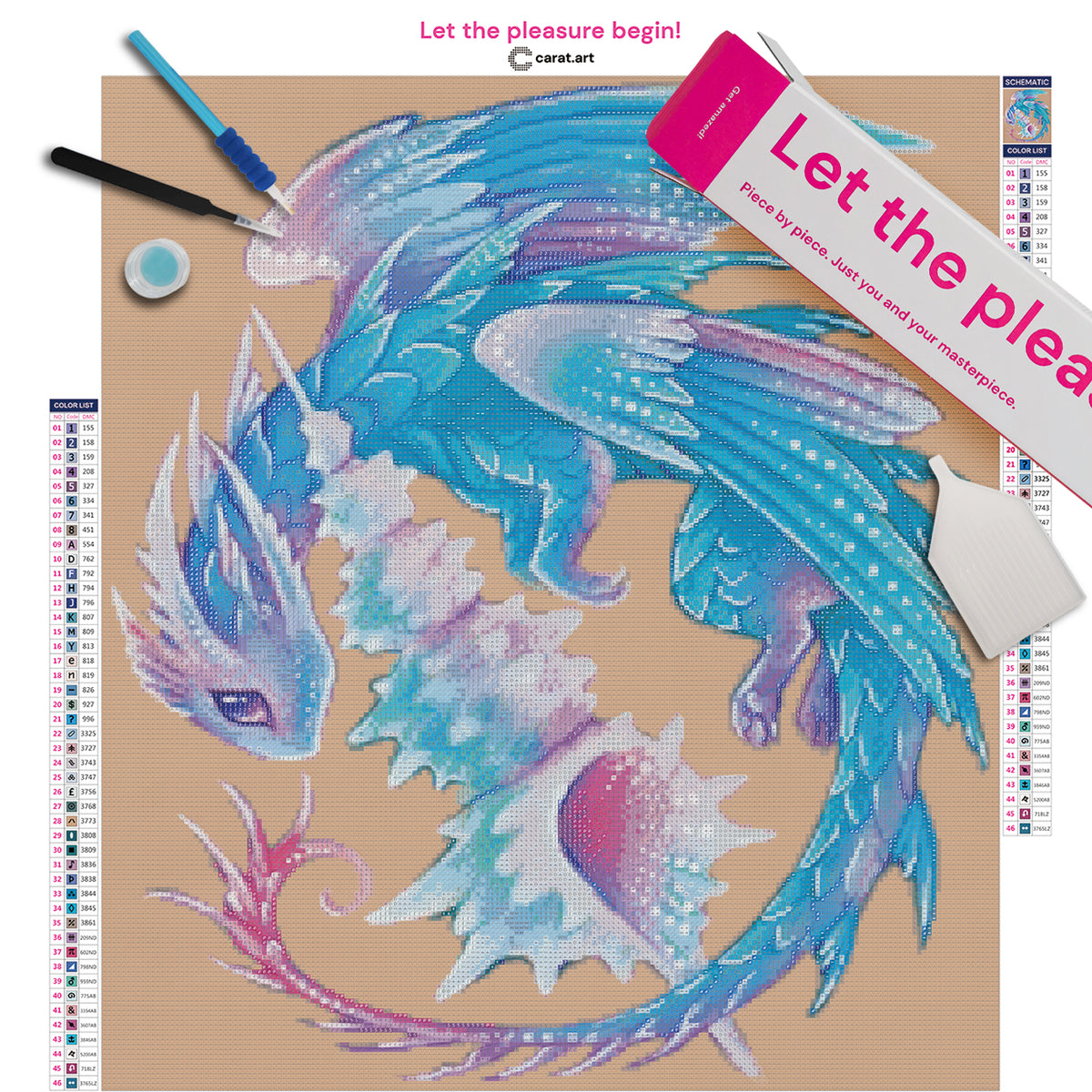 Diamond Painting Komplett-Set mit prächtigem Meeresdrachen, glänzenden Schuppen, gefiederten Flügeln und großer Muschel auf Leinwand mit Diamond Painting Werkzeug und cearat.com Box