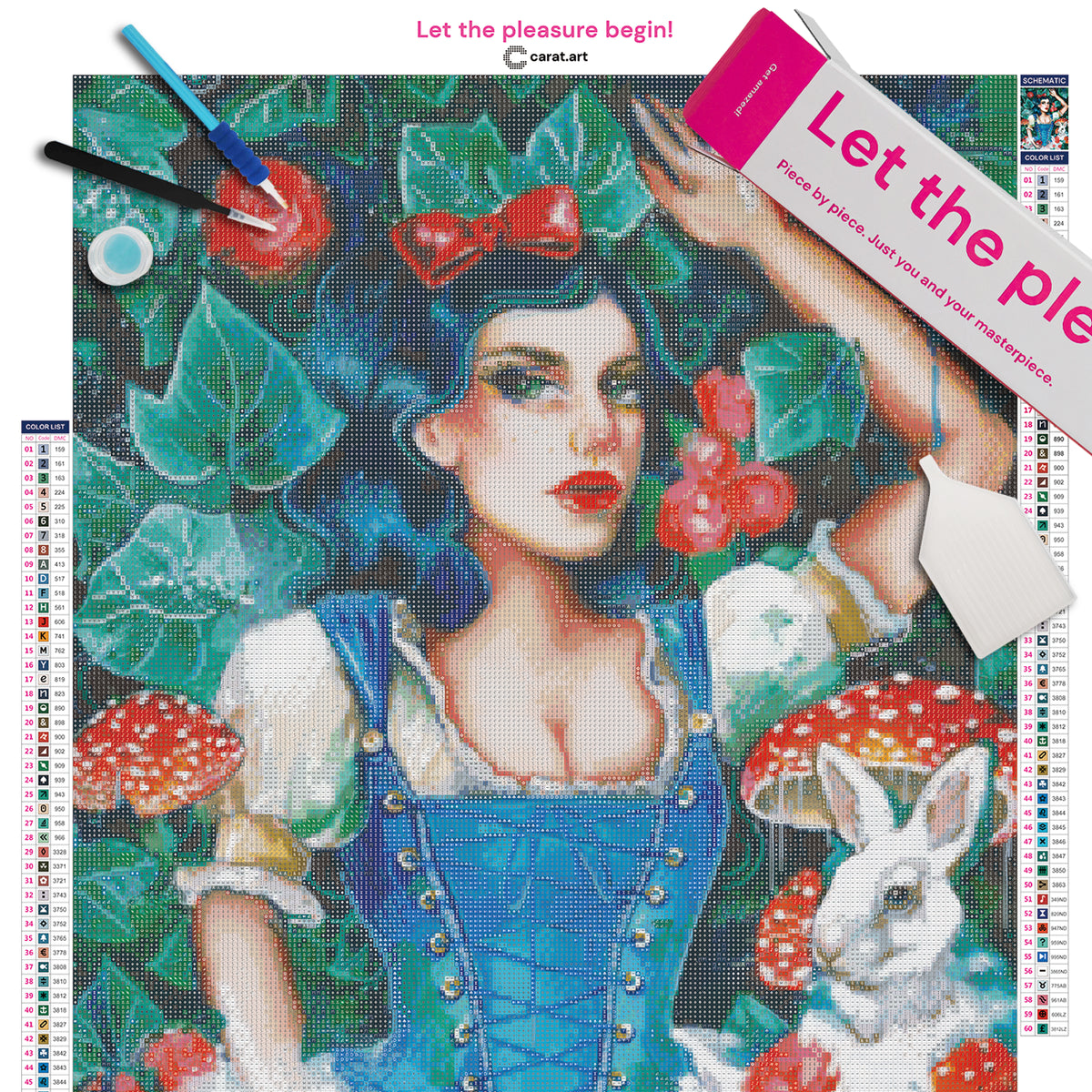 Diamond Painting Set mit Schneewittchen im blauen Mieder und rotem Apfel, umgeben von Rosen, giftigen Pilzen, Laub und einem kleinen Kaninchen inklusive Leinwand, cearat.com Karton und hochwertigem Zubehör