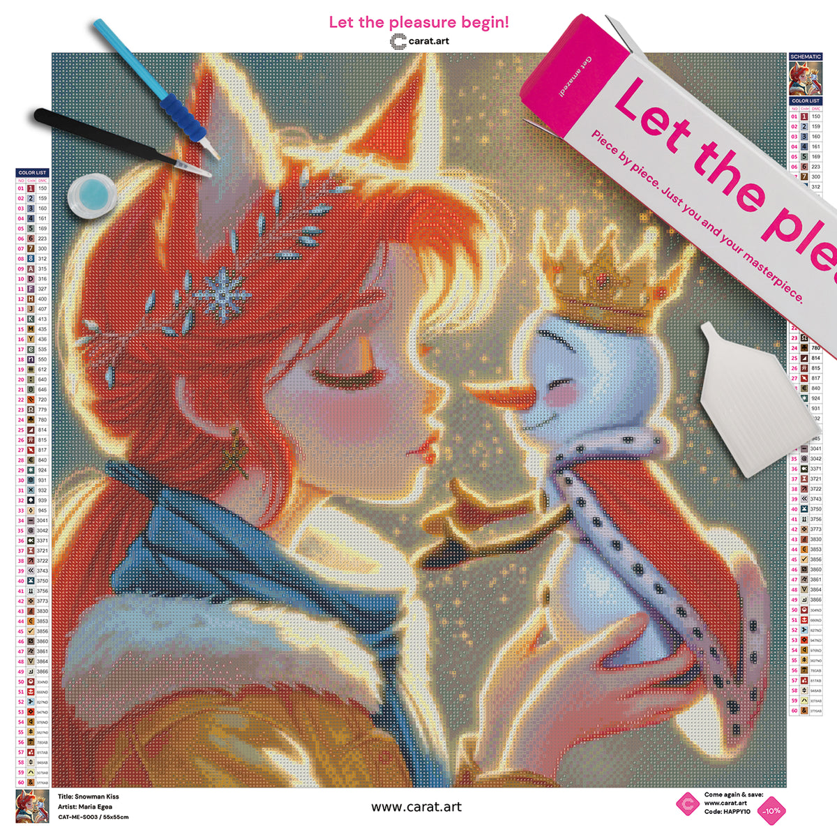 Diamond Painting Set mit rothaarigem Mädchen mit Fuchsohren, Schal und Wintermantel sowie kleinem Schneemann mit Krone und rotem Umhang, die sich zu einem Kuss nähern, inklusive Leinwand, cearat.com Karton und hochwertigem Zubehör