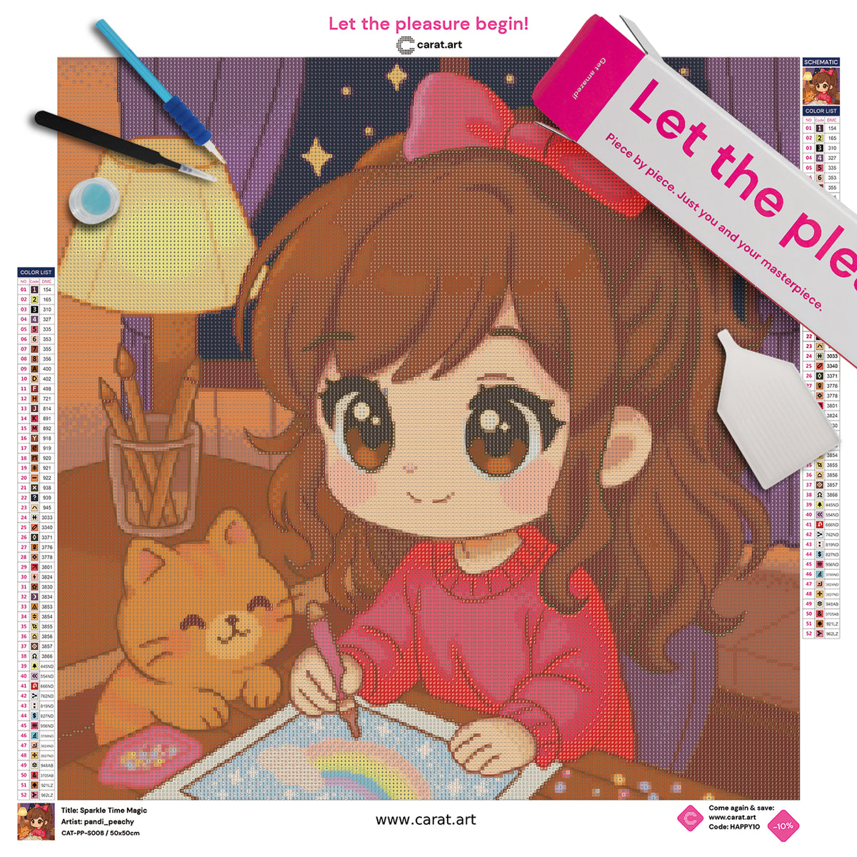 Diamond Painting Set mit dunkelhaarigem Mädchen im roten Pulli und roter Schleife im Haar, das gemeinsam mit seiner Katze in einem gemütlichen Wohnzimmer Diamond Painting macht, inklusive Leinwand, cearat.com Karton und hochwertigem Zubehör