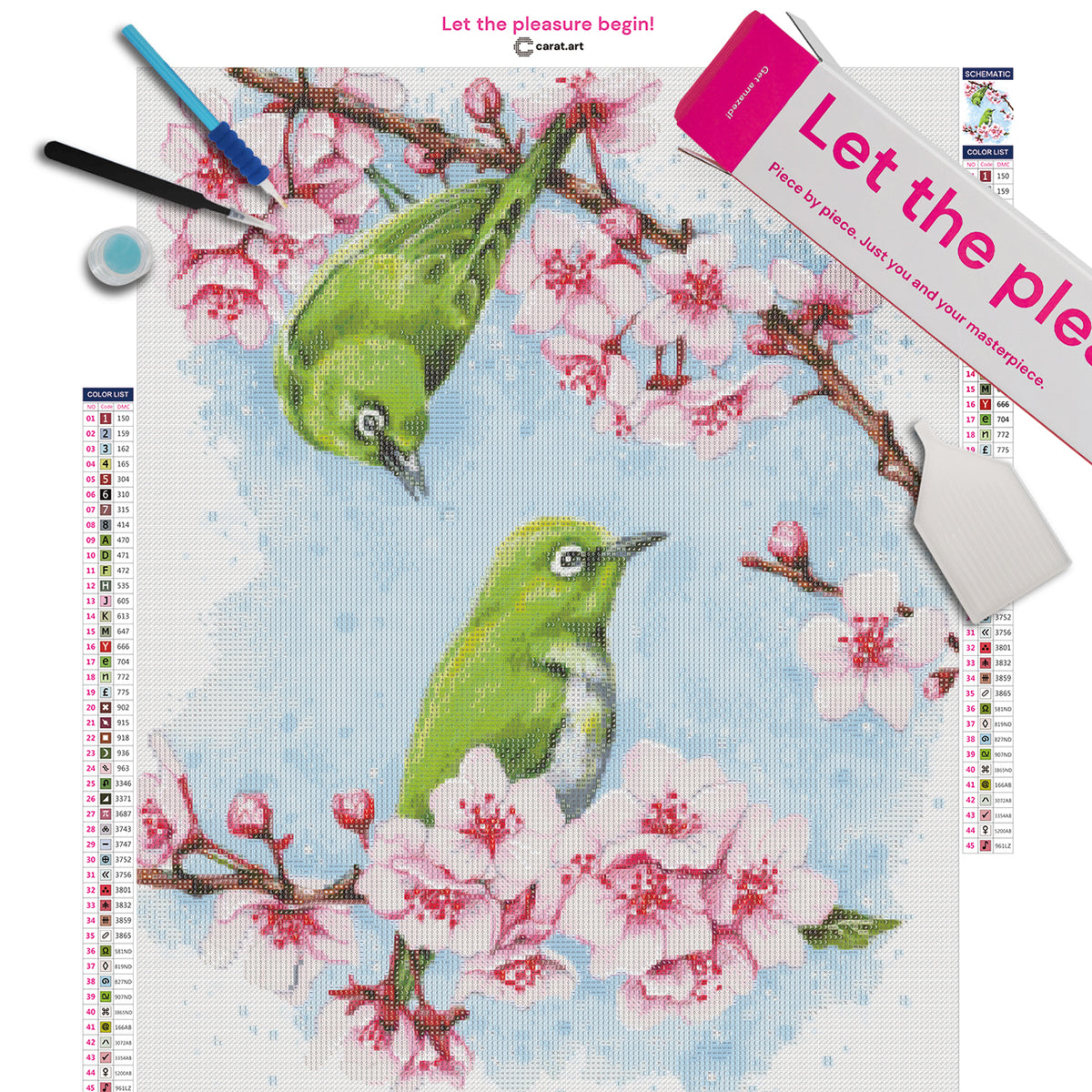 Diamond Painting Set mit zwei grünen Vögeln und blühenden Kirschzweigen inklusive Leinwand, cearat.com Karton und hochwertigem Zubehör