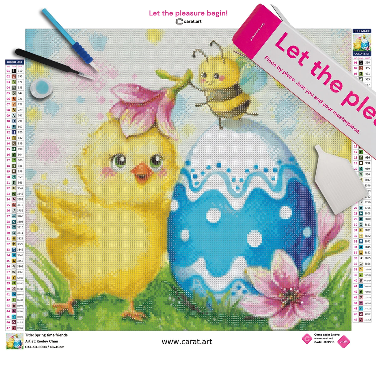 Diamond Painting Set mit Küken, Biene, buntem Osterei und Frühlingsblumen inklusive Leinwand, cearat.com Karton und hochwertigem Zubehör