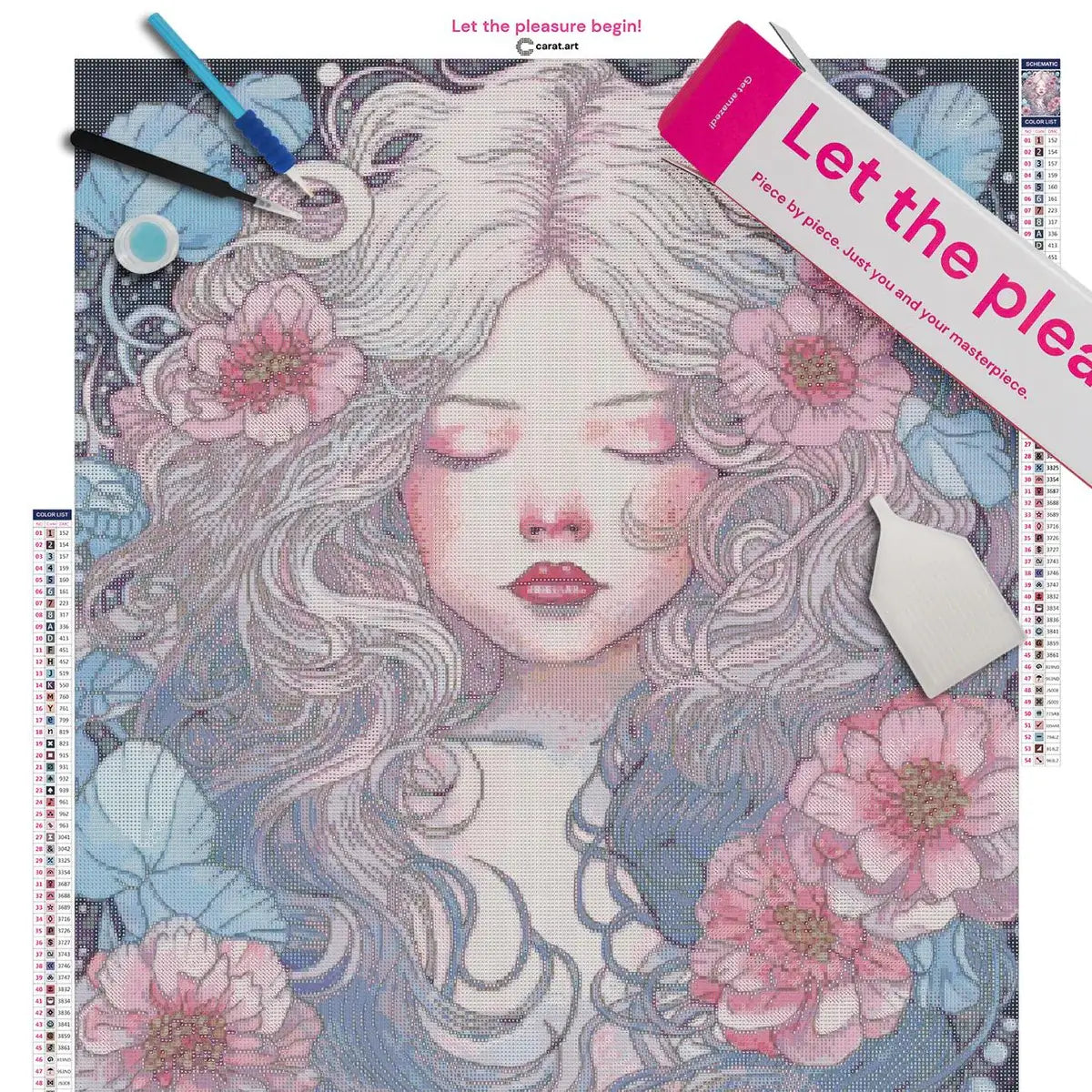 Premium Diamond Painting Set mit liegendem Mädchen und von rosa Blüten und Blättern geschmückten Haaren auf Leinwand mit Diamond Painting Zubehör und cearat.com Karton