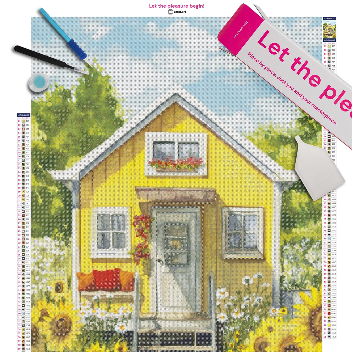 Diamond Painting Set mit kleinem gelbem Haus und Sonnenblumenfeld inklusive Leinwand, cearat.com Karton und hochwertigem Zubehör