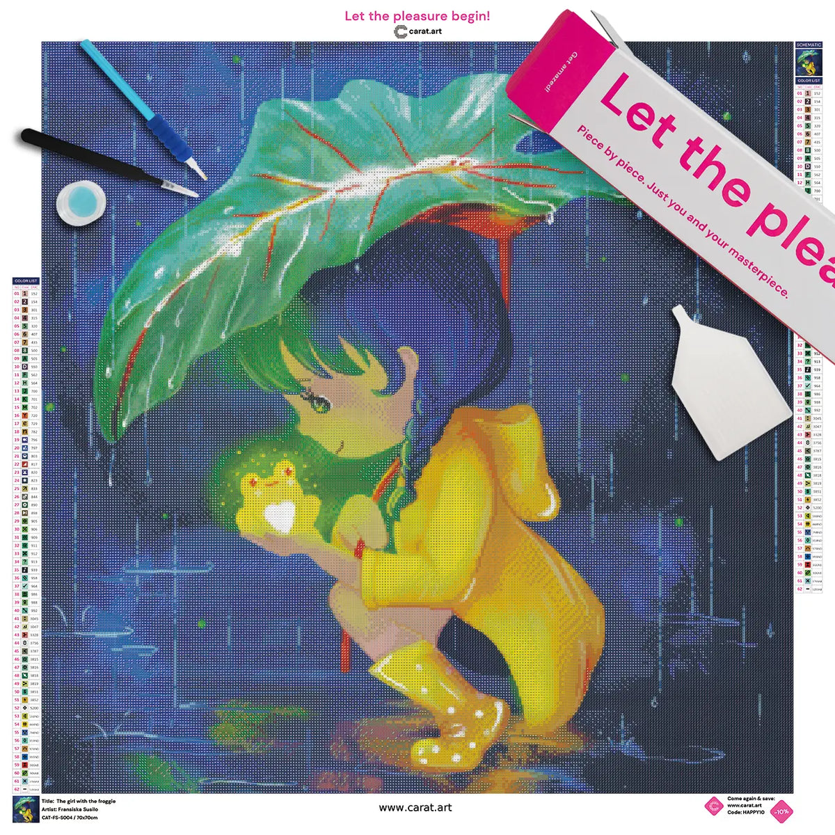 Diamond Painting Set mit Mädchen und Frosch Motiv auf Leinwand, mit cearat.com Karton und hochwertigem Zubehör