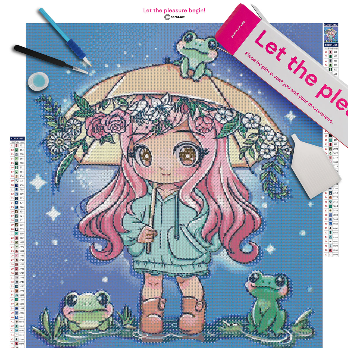 Diamond Painting Set mit Mädchen im türkisfarbenen Regenmantel, Blumenschirm und drei kleinen Fröschen inklusive Leinwand, cearat.com Karton und hochwertigem Zubehör