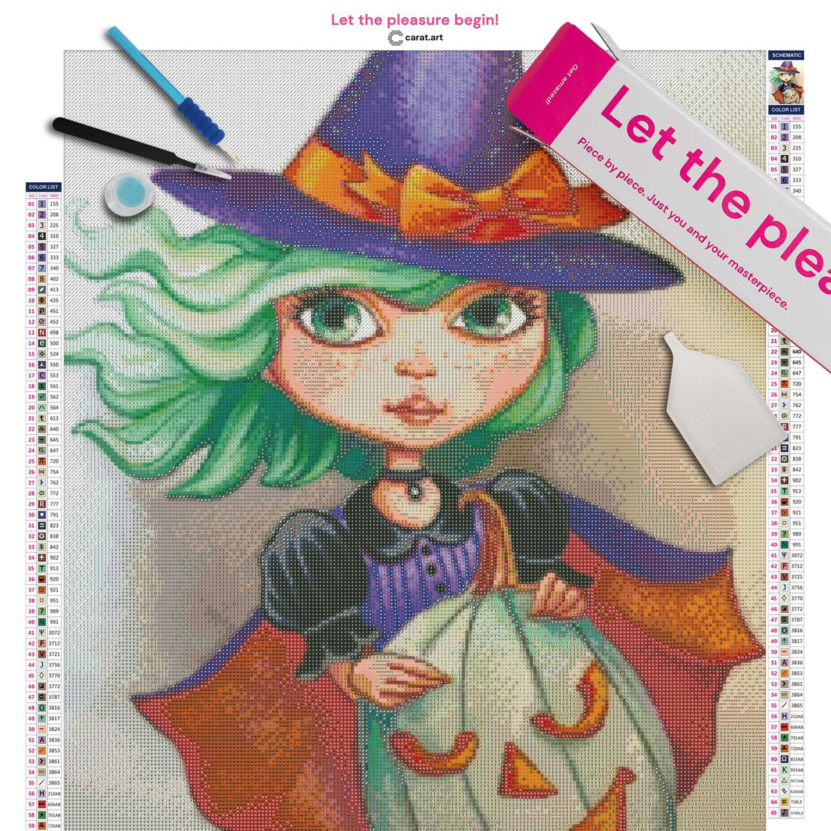 Diamond Painting Komplettset mit junger Hexe, grünen Haaren, lila-orangefarbenem Hexenoutfit und weißem Kürbis inklusive Leinwand, cearat.com Karton und hochwertigem Zubehör