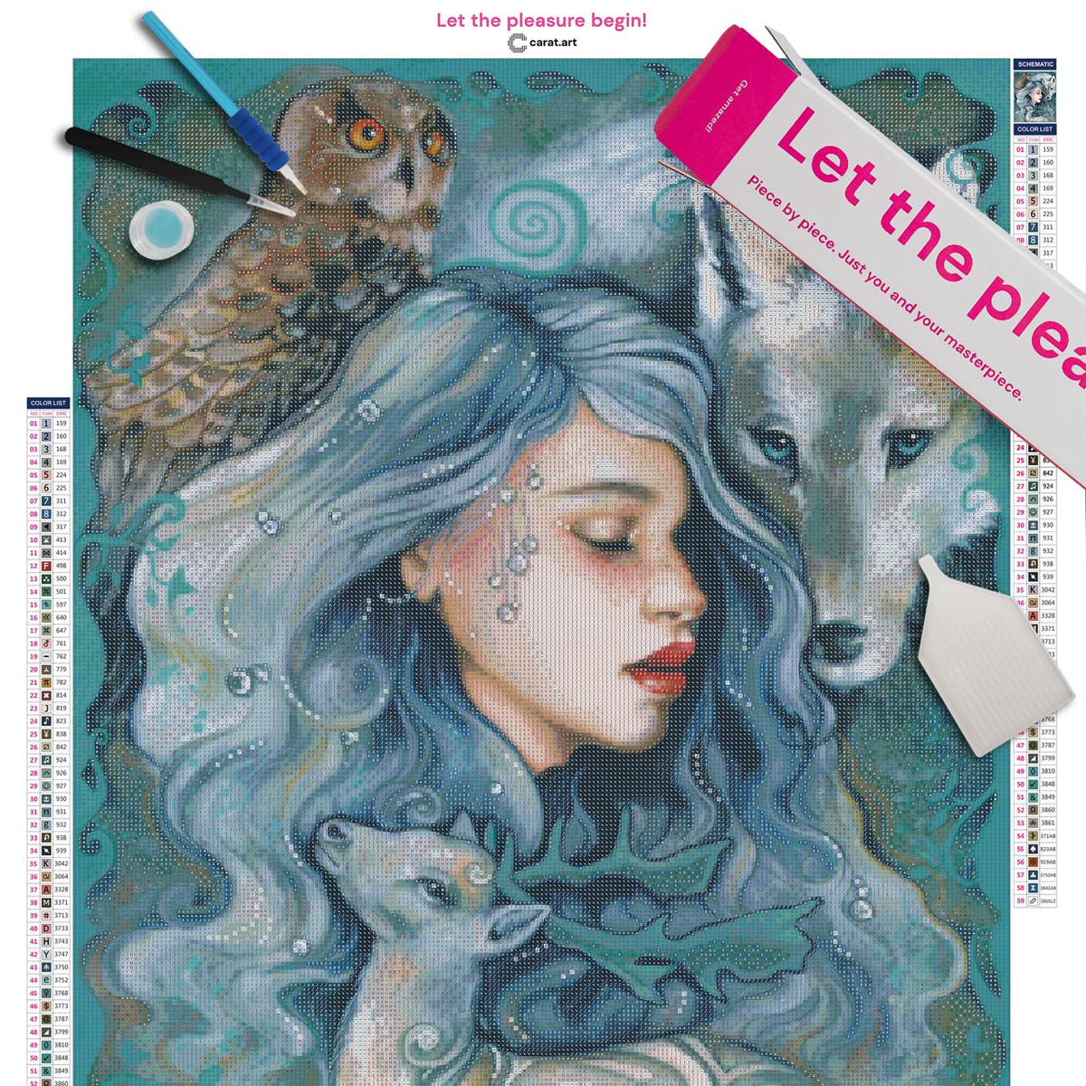 Diamond Painting Set mit Winterfee, Wolf, Hirsch und Eule inklusive Leinwand, cearat.com Karton und hochwertigem Zubehör