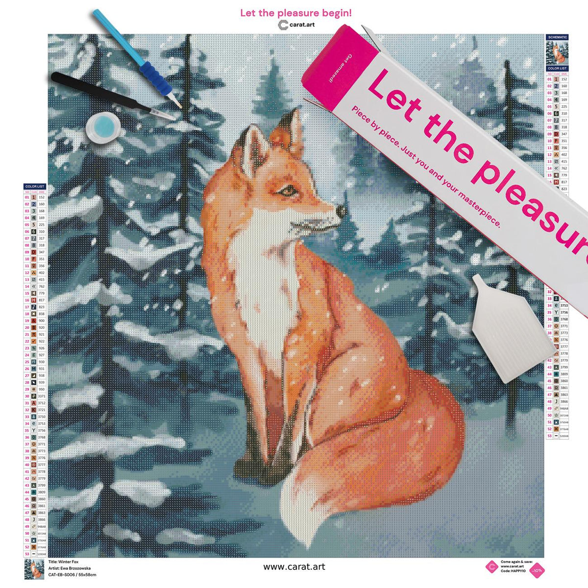 Diamond Painting Set mit Winterfuchs und verschneitem Waldmotiv inklusive Leinwand, cearat.com Karton und hochwertigem Zubehör