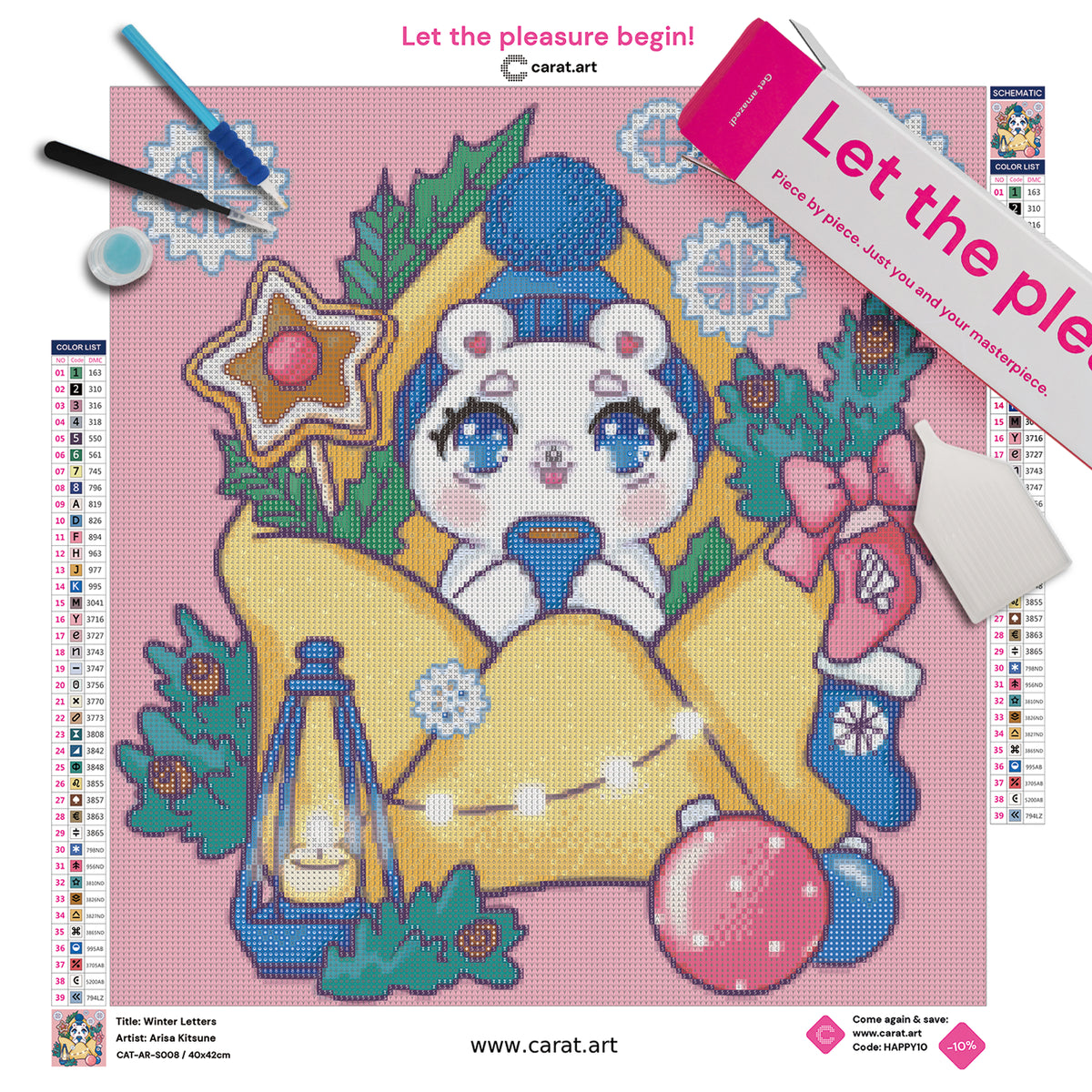 Premium Diamond Painting Set mit Eisbär, winterlich dekoriertem Briefumschlag, Laterne und glitzernden Schneekristallen inklusive Leinwand, Diamond Painting Werkzeug und cearat.com Box