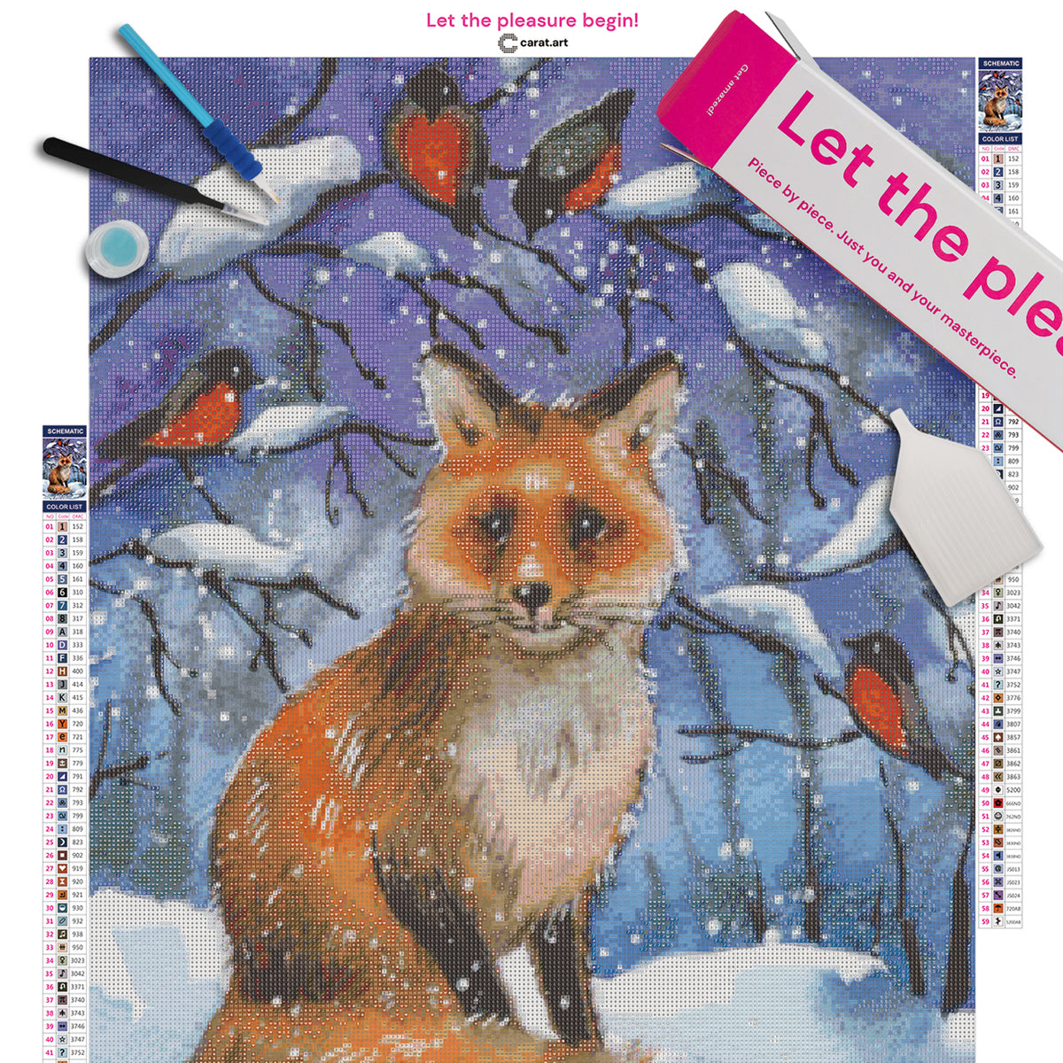 Diamond Painting Set mit Fuchs, Vögeln und verschneiter Winterwald-Szenerie inklusive Leinwand, cearat.com Karton und hochwertigem Zubehör
