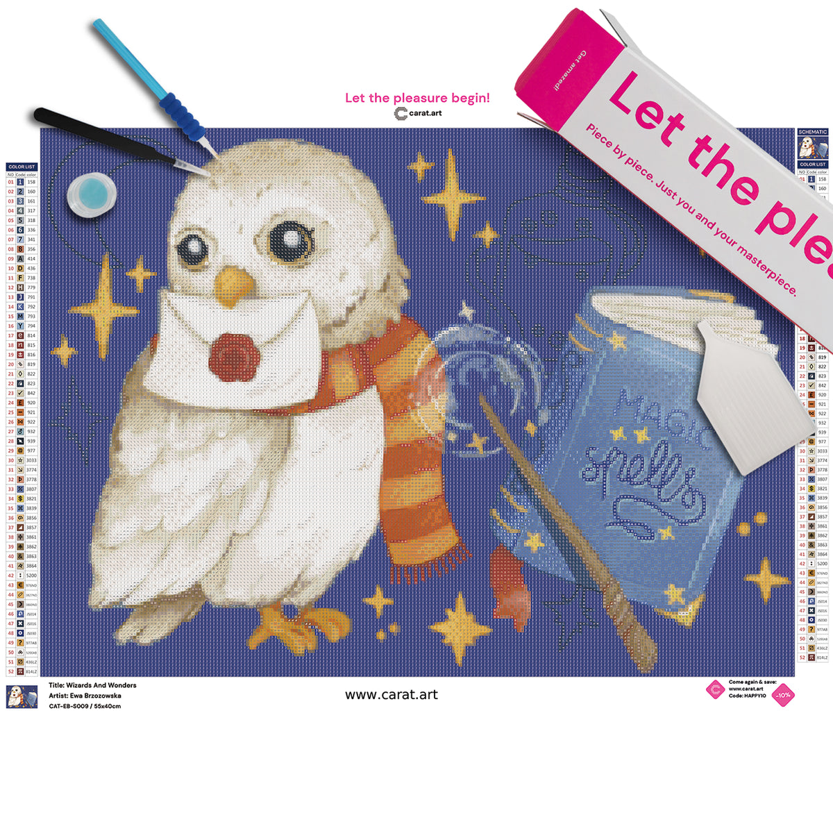 Diamond Painting Set mit Eule, Pergament, Zauberbuch und Zauberstab inklusive Leinwand, cearat.com Karton und hochwertigem Zubehör