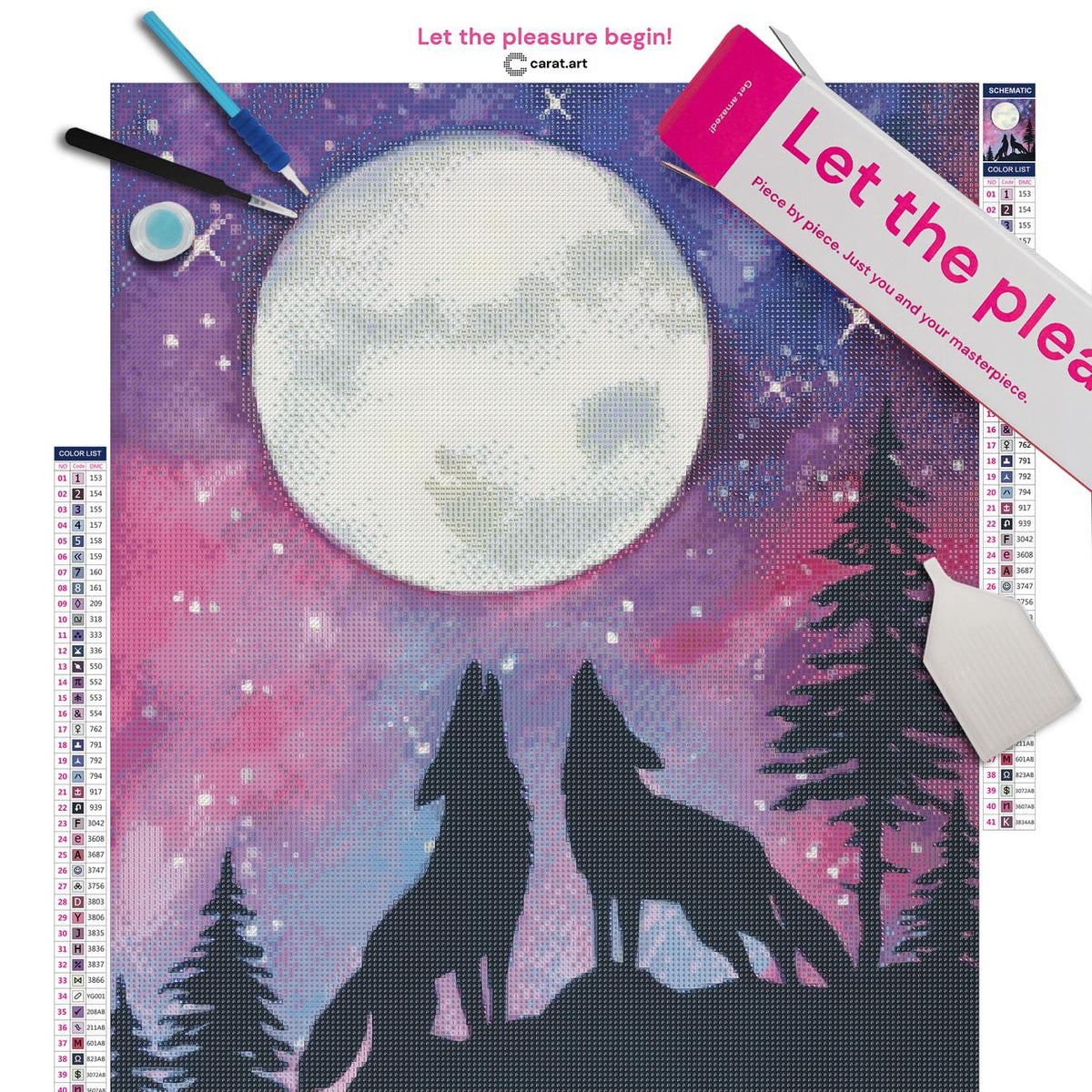 Diamond Painting Set mit zwei Wölfen, Vollmond und farbenfrohem Nachthimmel inklusive Leinwand, cearat.com Karton und hochwertigem Zubehör