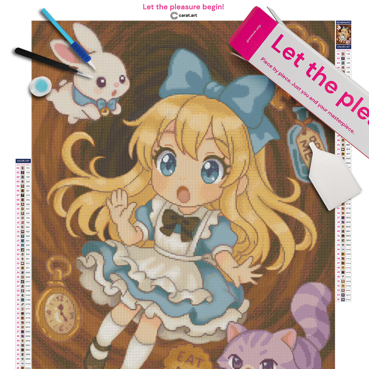 Diamond Painting Set mit Alice aus dem Wunderland, die gerade in den Kaninchenbau fällt, mit weißem Hasen, Grinsekatze, „Drink Me“-Fläschchen, „Eat Me“-Keks und Taschenuhr inklusive Leinwand, cearat.com Karton und hochwertigem Zubehör