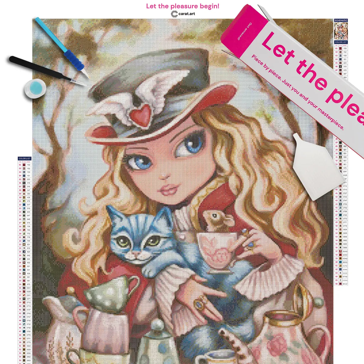 Diamond Painting Set mit Alice, Grinsekatze und fantasievollem Teeparty-Motiv auf Leinwand, mit cearat.com Karton und hochwertigem Zubehör