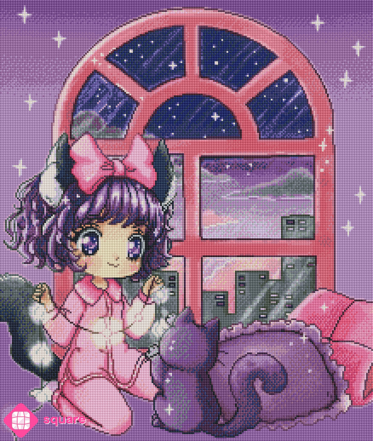 Diamond Painting Vorschau mit niedlichem Kawaii Mädchen im Katzenkostüm und Pyjama, pinker Schleife und großen Augen, gemeinsam mit einer kleinen schwarzen Katze und einer Lichterkette vor einem Panoramafenster mit Skyline in funkelnder Steinoptik als Render-Vorschau