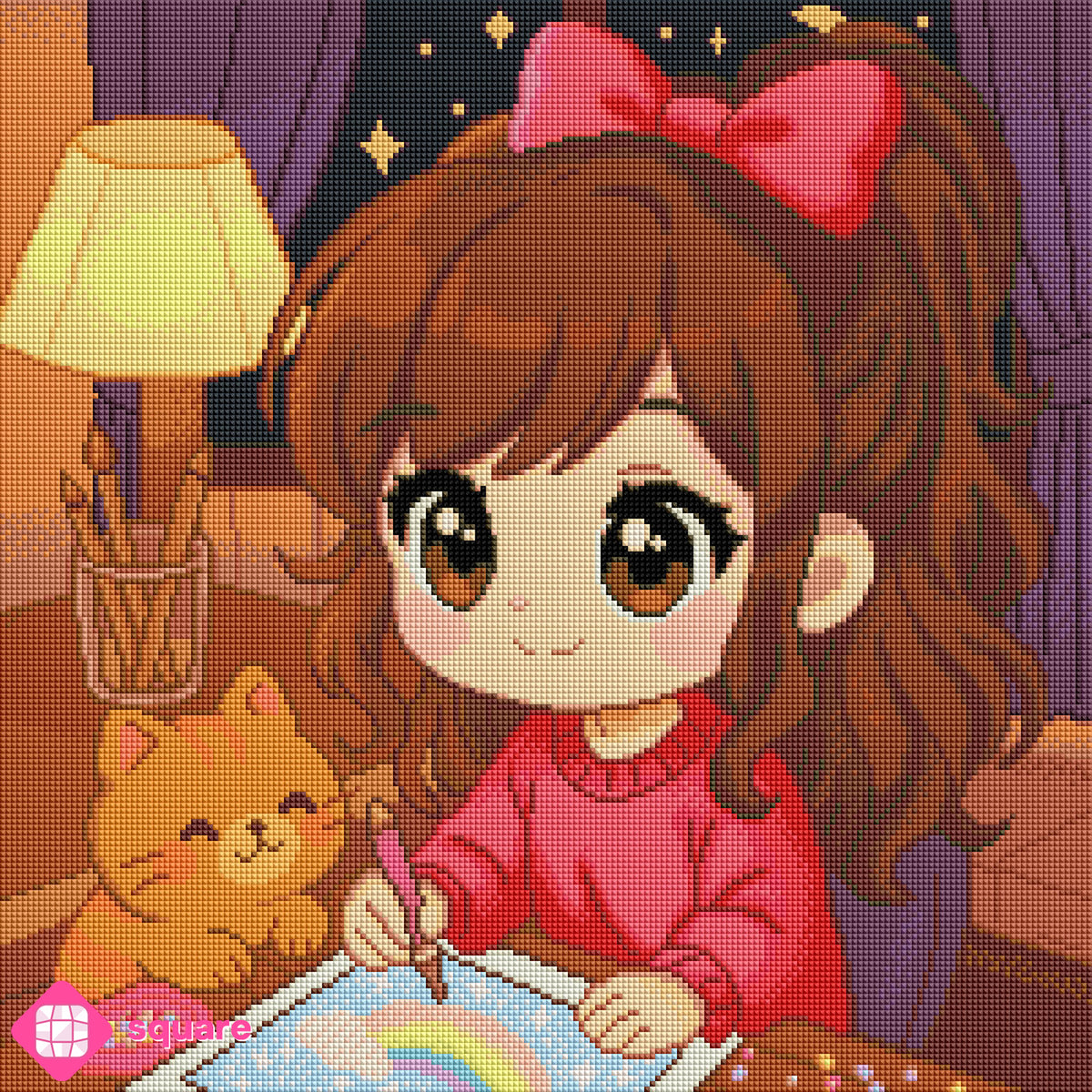 Diamond Painting Vorschau mit dunkelhaarigem Mädchen im roten Pulli und roter Haarschleife, das gemeinsam mit seiner Katze beim Diamond Painting in einem gemütlichen Wohnzimmer sitzt, in funkelnder Steinoptik als Render-Vorschau