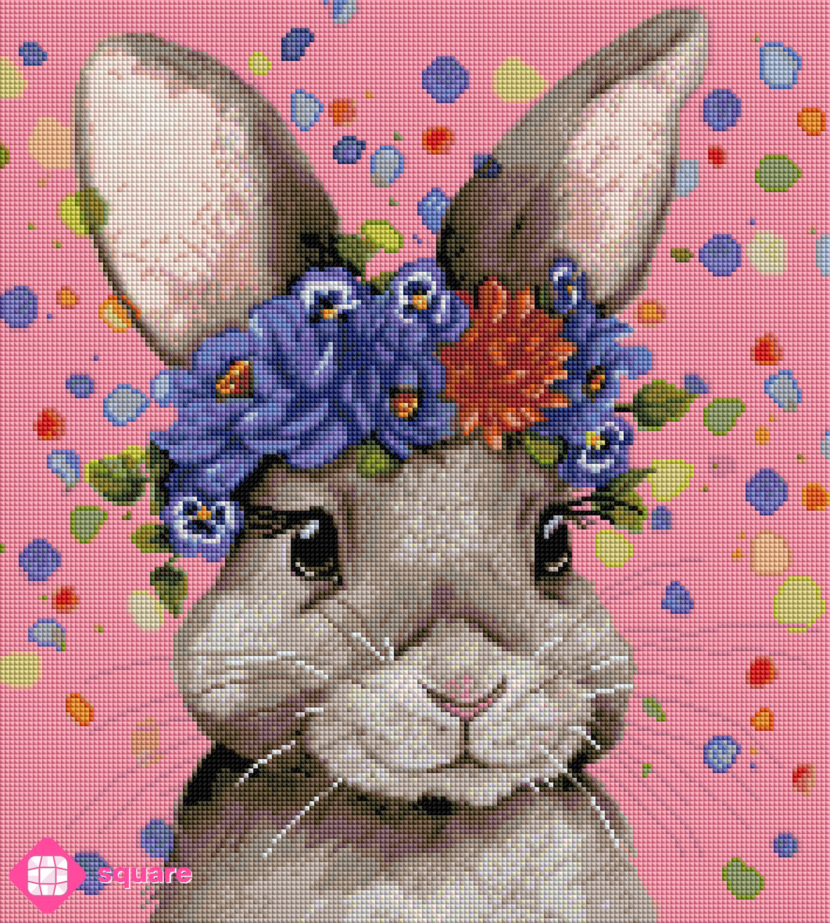 Diamond Painting Vorschau mit niedlichem Hasen und prachtvollem Blumenkranz aus tiefblauen und warmen Blüten vor einem rosa Hintergrund mit bunten Konfettipunkten in funkelnder Steinoptik als Render-Vorschau