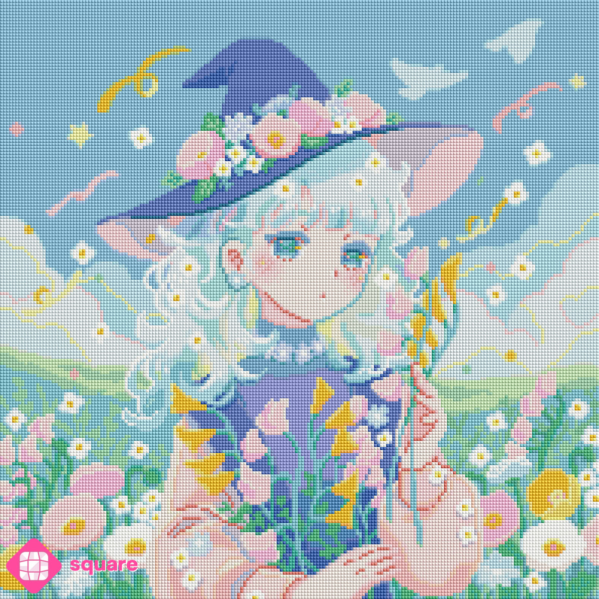 Diamond Painting Vorschau von Hiroko mit junger Hexe und blumengeschmücktem Spitzhut inmitten einer pastellfarbenen Blumenwiese, umgeben von blauem Himmel, weißen Wolken und schwebenden goldenen Bändern in funkelnder Steinoptik als Render-Vorschau