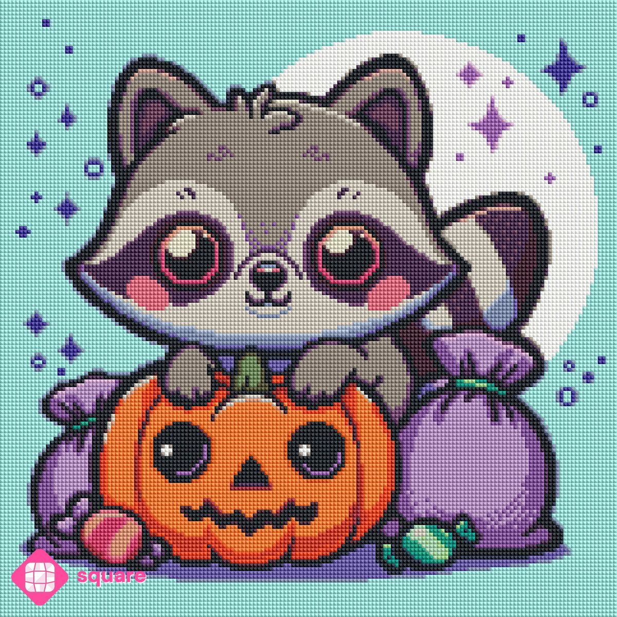 Diamond Painting Vorschau mit Waschbär und Kürbis Motiv und Halloween Details in funkelnder Steinoptik als Render-Vorschau