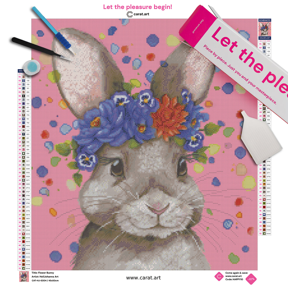 Diamond Painting Set mit kleinem Hasen, glänzenden Augen und Blumenkranz aus tiefblauen und warmen Blüten vor fröhlichem rosa Konfettihintergrund inklusive Leinwand, cearat.com Karton und hochwertigem Zubehör