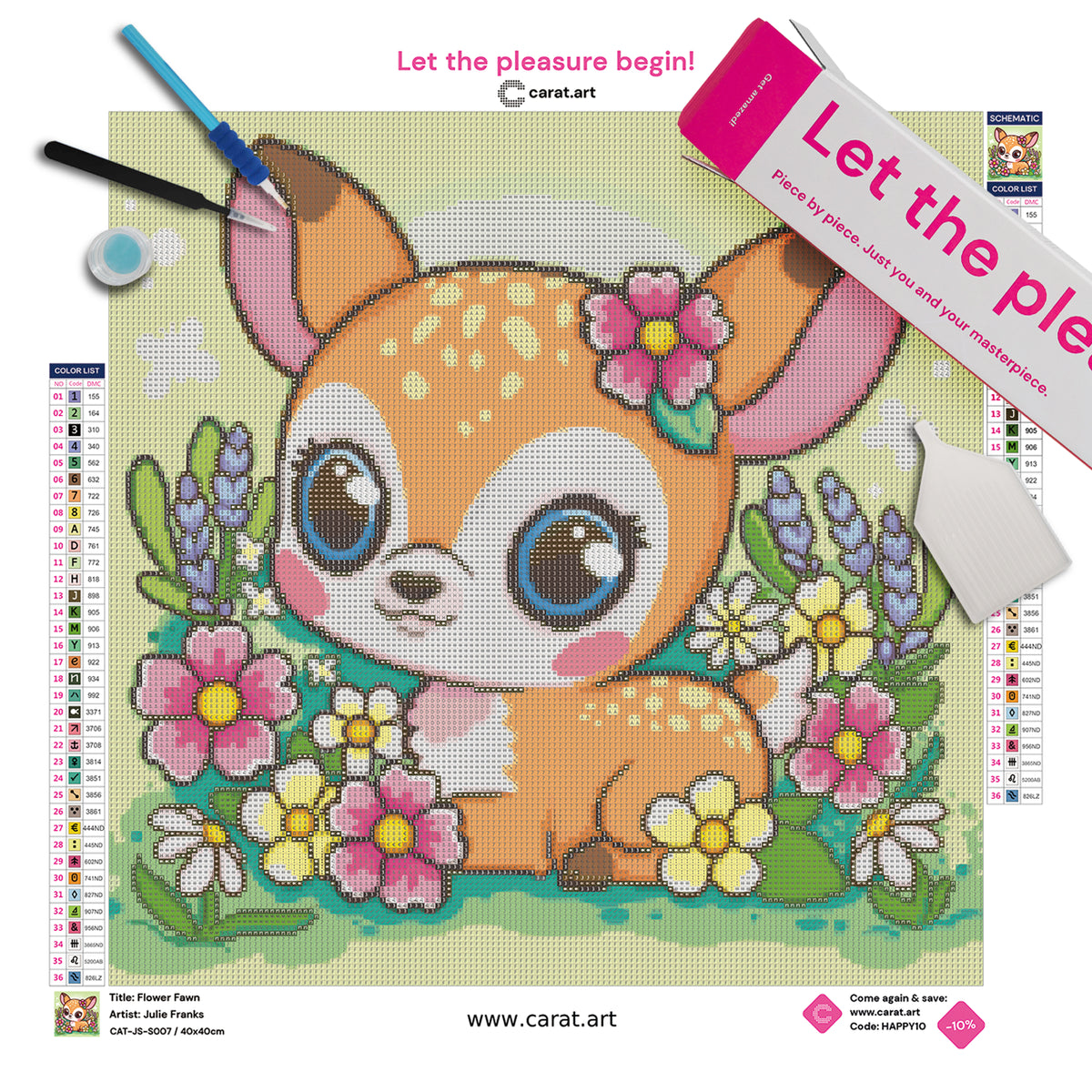 Diamond Painting Set mit niedlichem Rehkitz, großen Kulleraugen und bunten Blumen auf einer grünen Waldwiese inklusive Leinwand, cearat.com Karton und hochwertigem Zubehör
