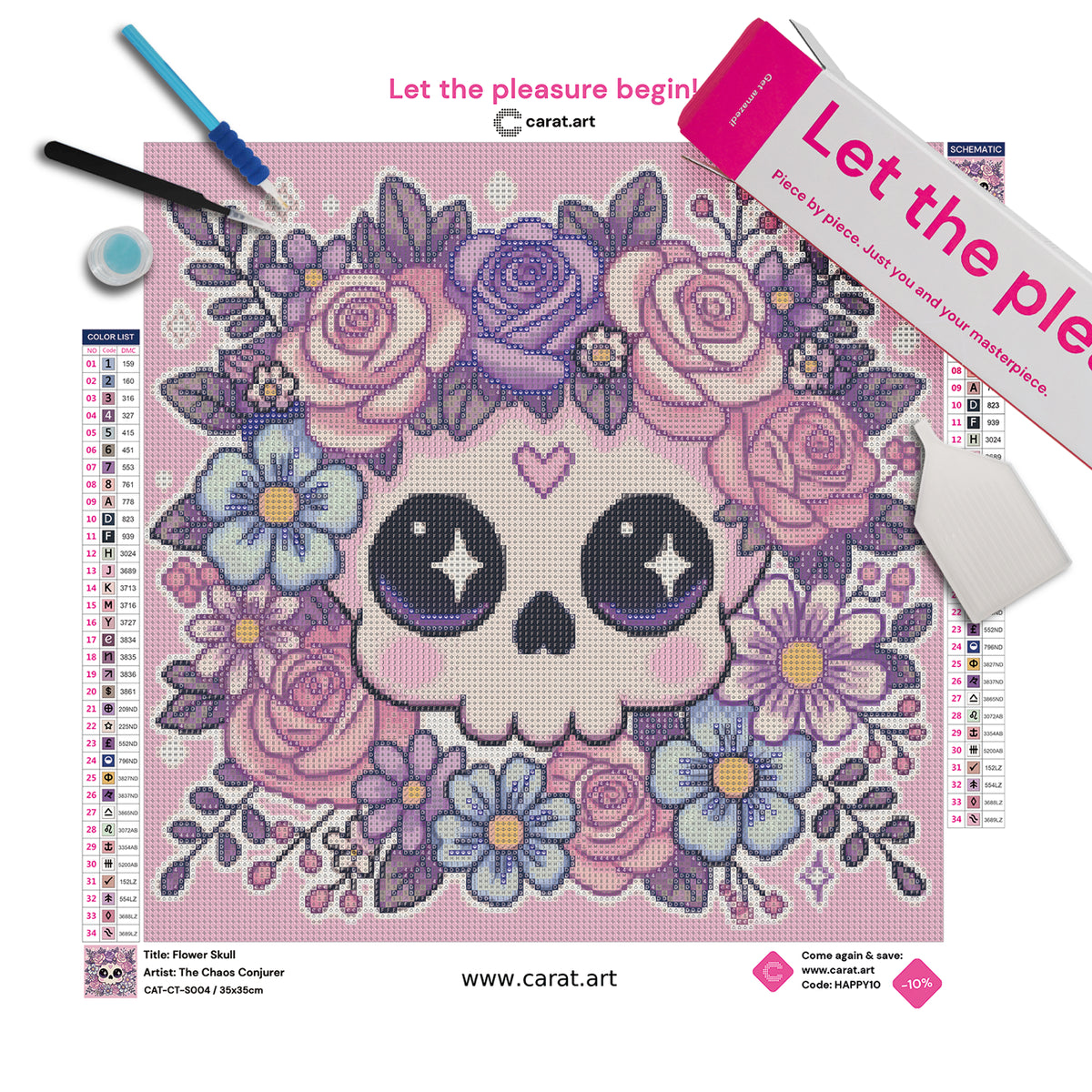 Diamond Painting Set mit niedlichem Totenkopf, üppigen Blumen in sanften Pastellfarben und rosafarbenem Hintergrund inklusive Leinwand, cearat.com Karton und hochwertigem Zubehör