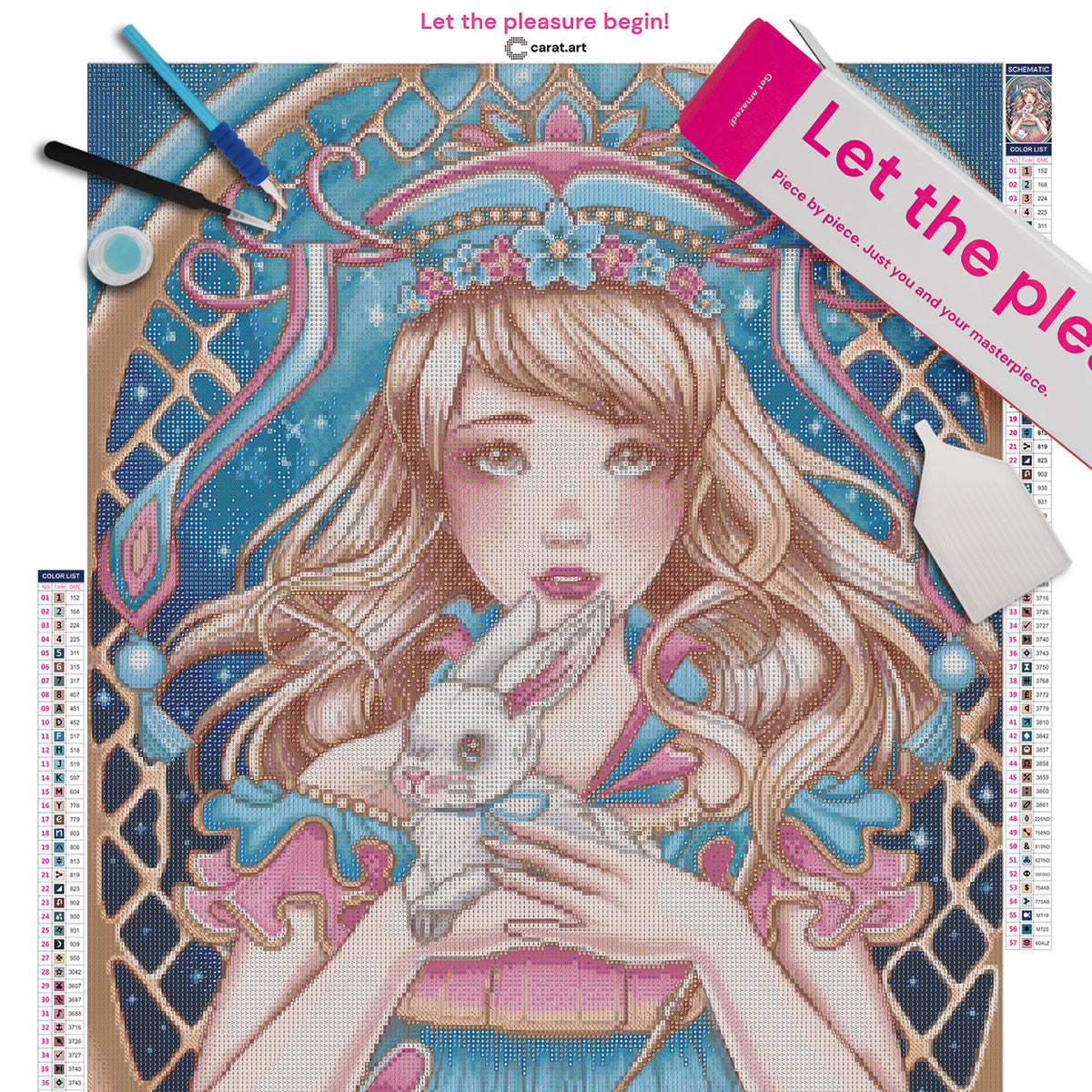 Diamond Painting Set mit Mädchen im Rüschenkleid, Hasentasche und kleinem weißen Hasen vor blauem Sternenhimmel, umrahmt von filigranen goldenen Strukturen inklusive Leinwand, cearat.com Karton und hochwertigem Zubehör