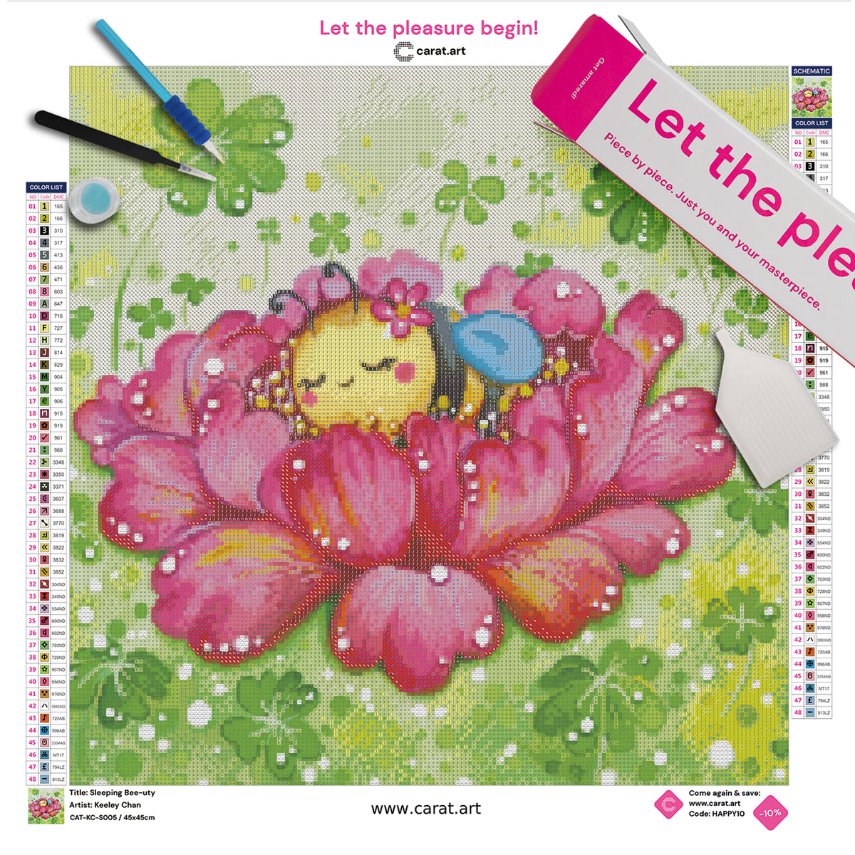 Diamond Painting Set mit schlafender Biene in einer üppigen Blüte, umgeben von grünen Wiesen, Kleeblättern und funkelnden Tropfen inklusive Leinwand, cearat.com Karton und hochwertigem Zubehör