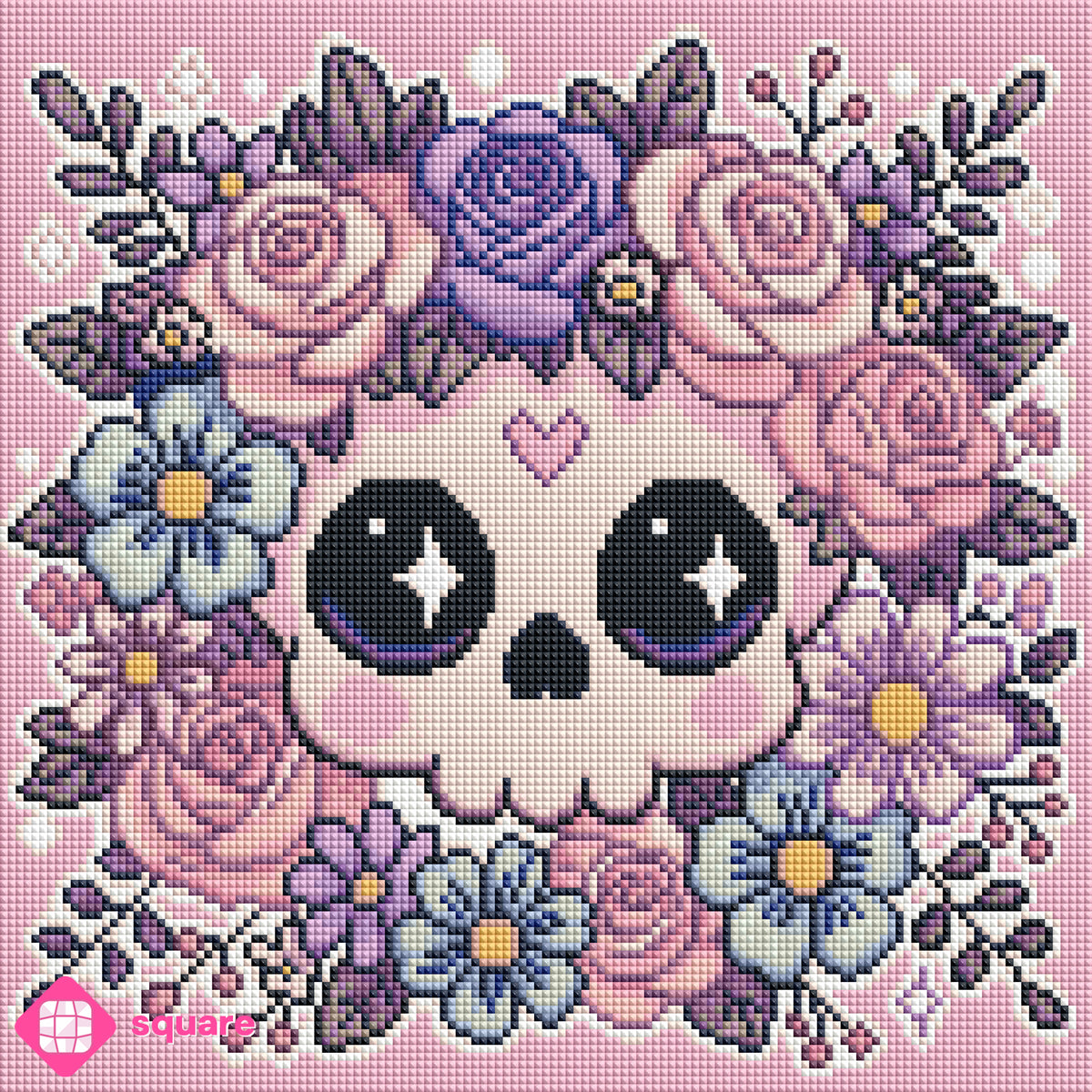 Diamond Painting Vorschau mit niedlichem Totenkopf und liebevoll gestalteten Blumen in harmonischen Pastellfarben vor einem rosa Hintergrund in funkelnder Steinoptik als Render-Vorschau