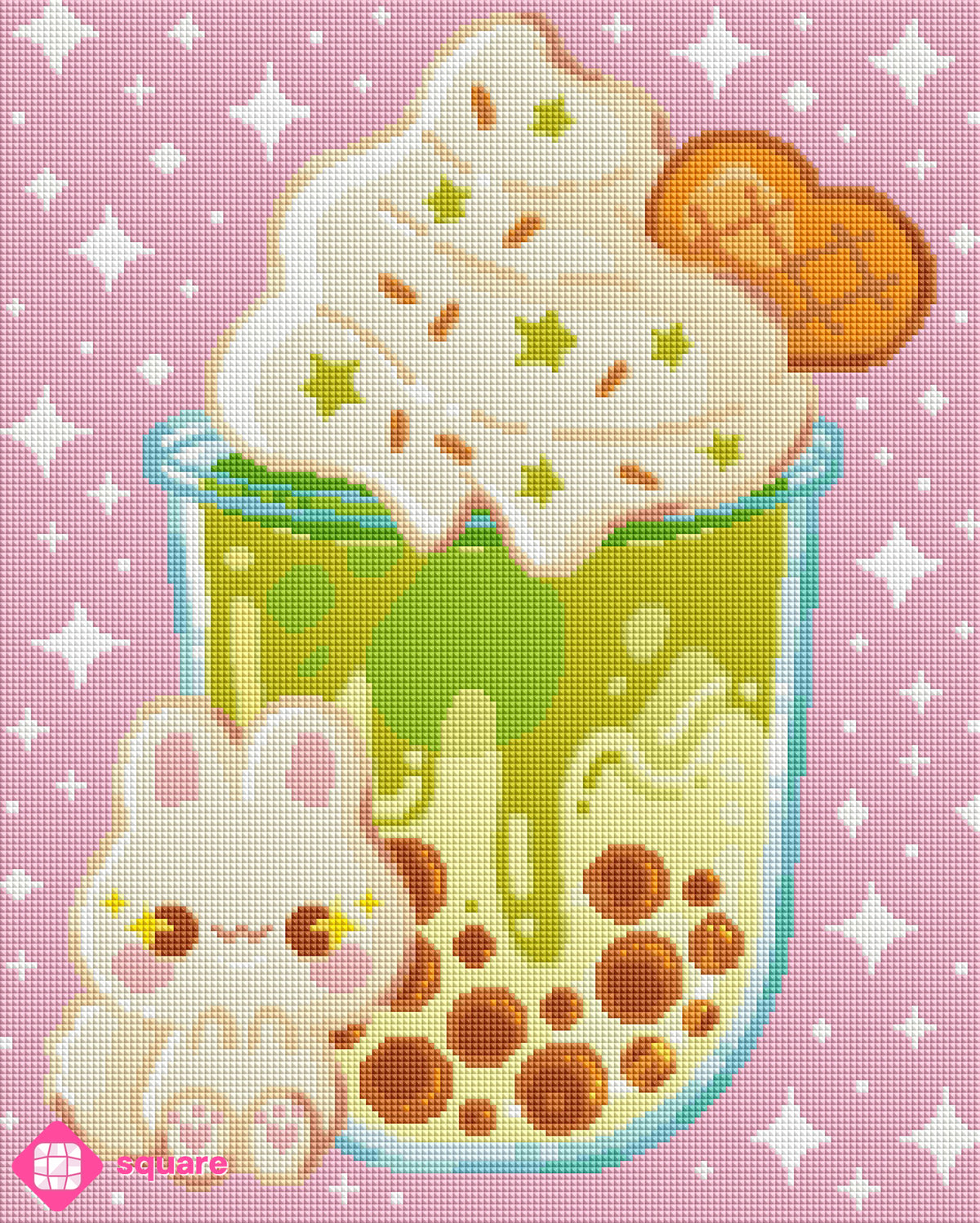 Diamond Painting Vorschau mit niedlichem Häschen und einem cremigen Matcha Latte mit Schlagsahne, grünen Sternchen-Streuseln und herzförmigem Keks vor einem rosa Sternenhimmel in funkelnder Steinoptik als Render-Vorschau