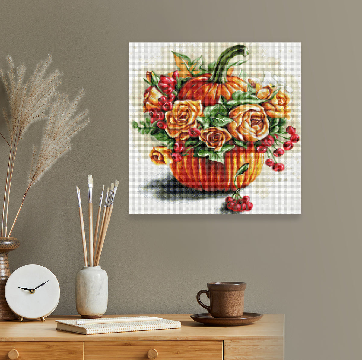 Diamond Painting Kürbis mit Blumen und Beeren als dekoratives Herbstbild