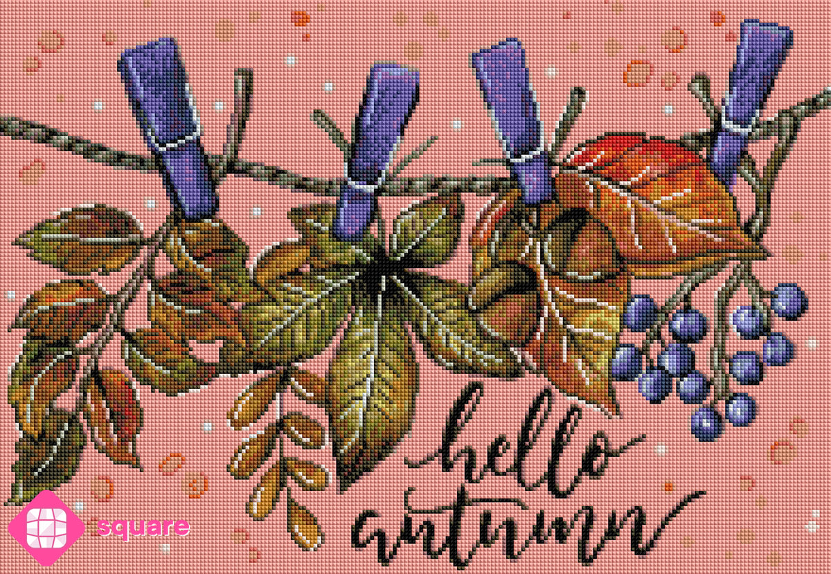 Diamond Painting Vorschau mit Hello Autumn Motiv und Herbstblättern in funkelnder Steinoptik als Render-Vorschau