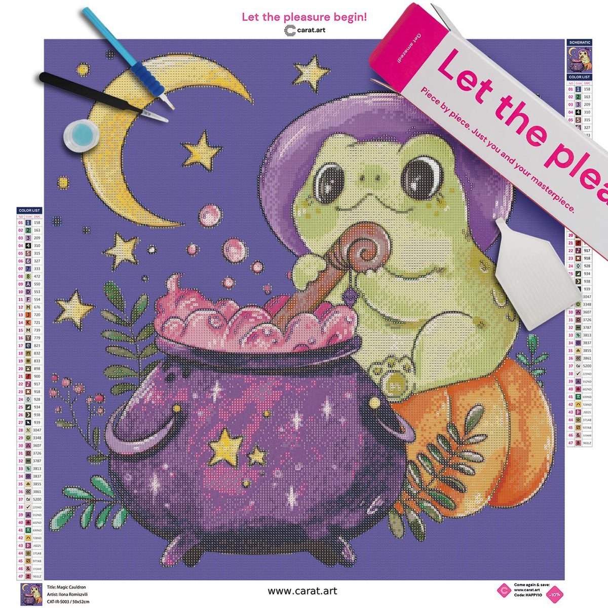 Diamond Painting Set mit Kröte und Zauberkessel Motiv inklusive cearat.com Verpackung und Werkzeug