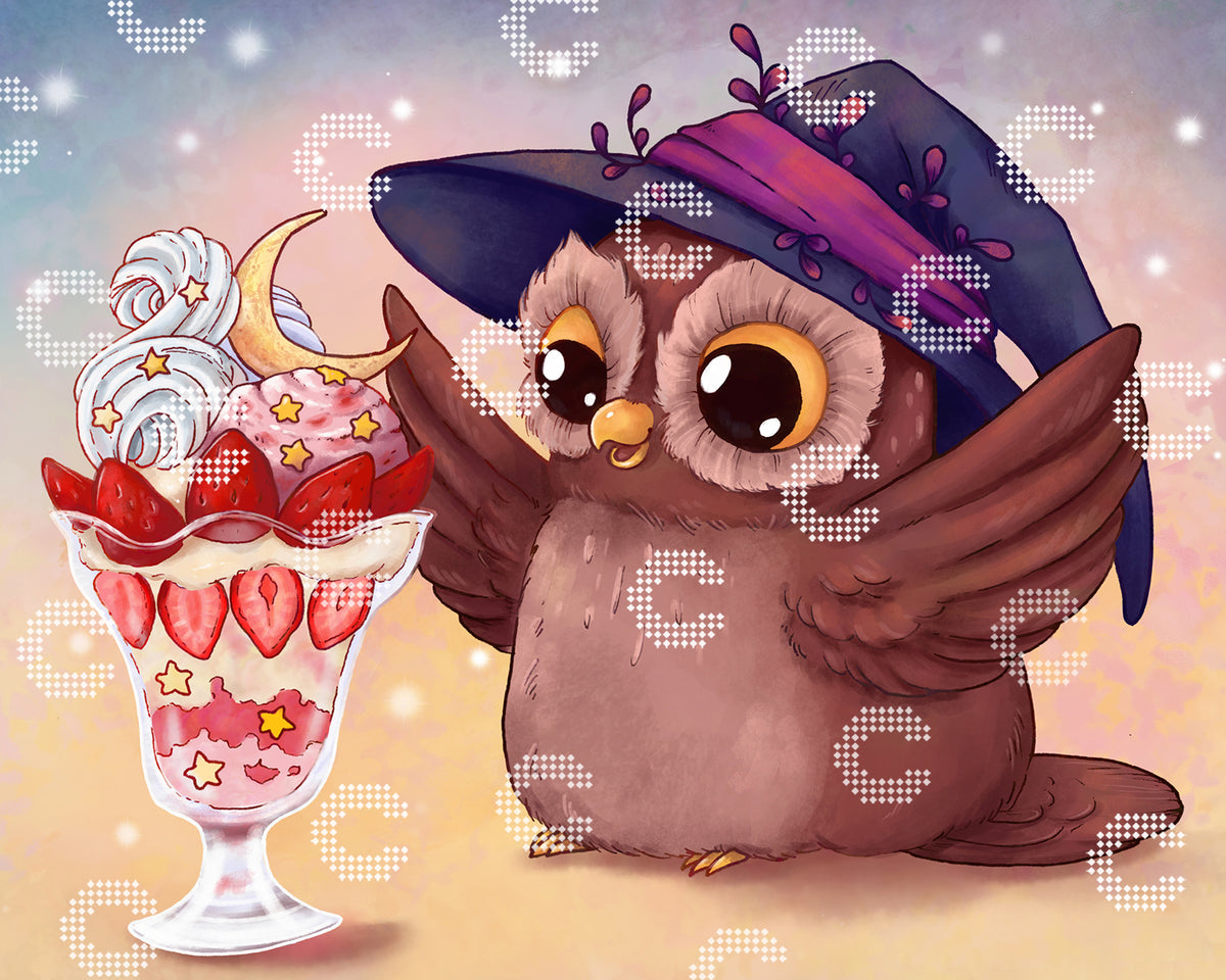 Diamond Painting Original-Kunstwerk einer kleinen Zaubereule mit Erdbeer Eisbecher und magischen Fantasy Details