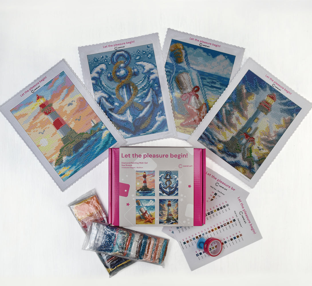 Diamond Painting Set mit 4 kleinen Leinwänden mit Leuchtturm Motiven, Harzsteinen und cearat.com Design Box