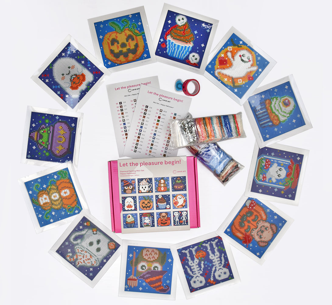 Diamond Painting Mini Set mit  12 kleinen Halloween Motiven und niedlichen Grusel Details