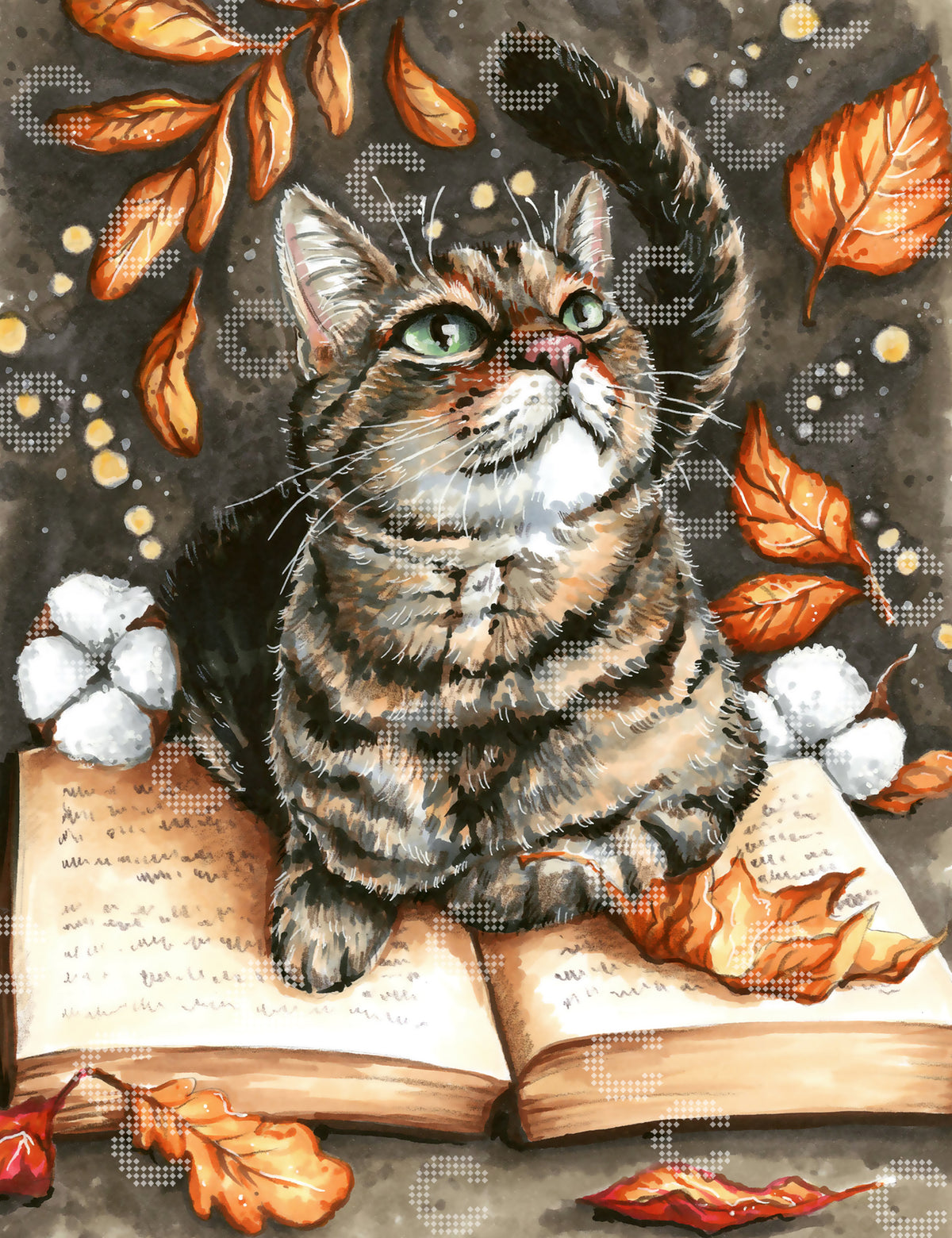 Diamond Painting Original-Kunstwerk  einer Katze auf einem aufgeschlagenen Buch, umgeben von Laub in Herbstfarben als gemütliches Motiv