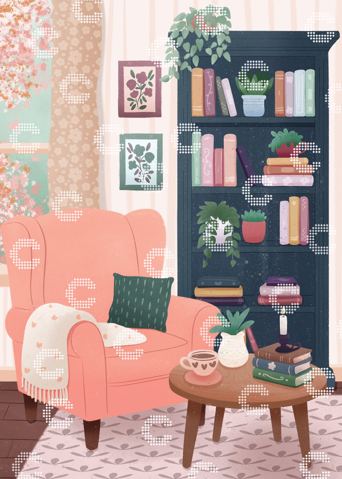 Diamond Painting Bild einer gemütlichen Leseecke mit einem Ohrensessel in zartem Apricot neben einem Bücherregal voller Bücher und grüner Pflanzen