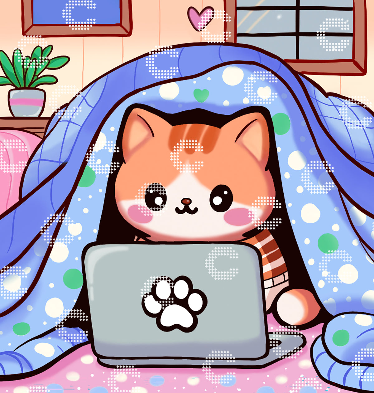 Diamond Painting Motiv mit einem getigerten Kätzchen, das sich unter eine blaue gepunktete Decke kuschelt und gebannt auf seinen Laptop schaut